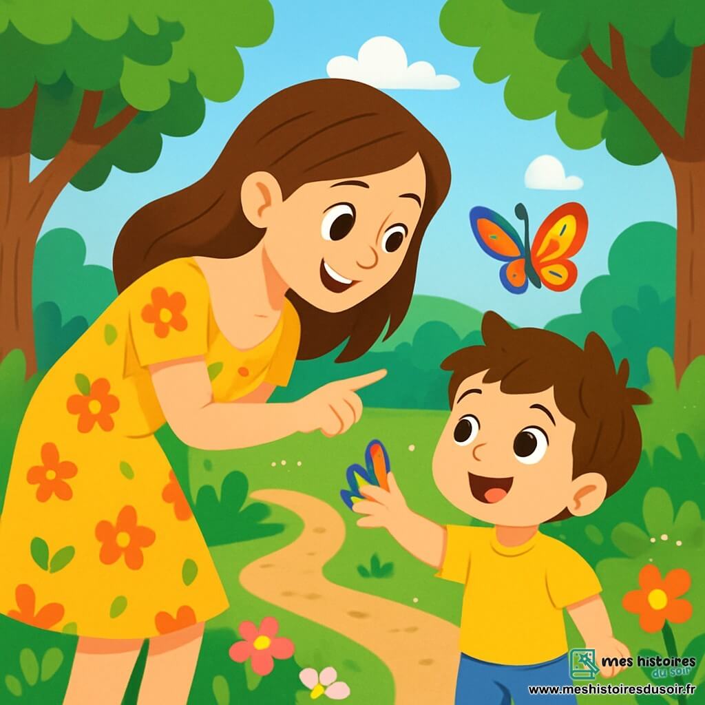 Un garçon de 4 ans, Léo, avec des cheveux bruns en désordre et des yeux curieux, se tient dans une réserve naturelle. Il porte un t-shirt jaune et un short bleu, émerveillé par un papillon coloré. À ses côtés, sa maman, une femme d'environ 30 ans aux longs cheveux châtains, lui montre le papillon avec enthousiasme. Le décor est une forêt verdoyante avec de grands arbres, des fleurs colorées et un ciel bleu. Léo tend la main vers le papillon, tandis que sa maman l'encourage à apprécier la beauté de la nature.