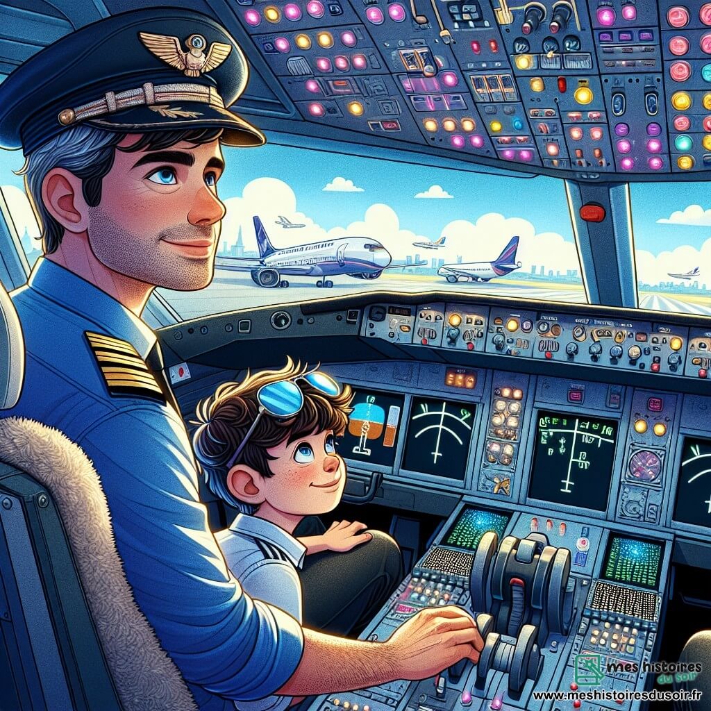 Un pilote d'avion d'une trentaine d'années, fier et concentré, se trouve dans le cockpit, portant une casquette avec des ailes argentées et une chemise bleue. À ses côtés, Lucas, un garçon de 10 ans aux cheveux bruns en bataille, observe attentivement les instruments, émerveillé. Le cockpit est rempli de lumières et de boutons, avec une vue sur la piste d'atterrissage. Ils se préparent au décollage, une alarme retentissant, tandis que Lucas admire le calme du pilote qui gère la situation alors que l'avion roule sur la piste.