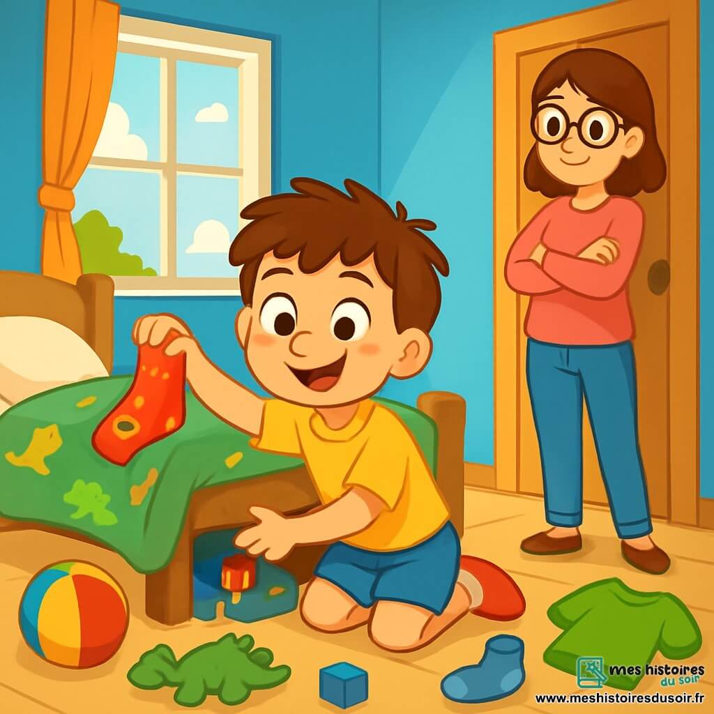 Un garçon de 6 ans, Lucas, aux cheveux bruns en bataille et aux yeux curieux, est accroupi dans sa chambre, souriant avec détermination. Il porte un t-shirt jaune et un short bleu, tenant une chaussette poisson rouge. Sa maman, souriante et d'environ 30 ans, avec des cheveux châtains et des lunettes rondes, l'observe tendrement, les bras croisés. La chambre est colorée, avec des murs bleus, des jouets au sol, un lit à motifs de dinosaures et une fenêtre laissant entrer la lumière. Lucas fouille sous son lit, entouré de jouets, à la recherche de sa chaussette perdue, créant une ambiance joyeuse et dynamique.