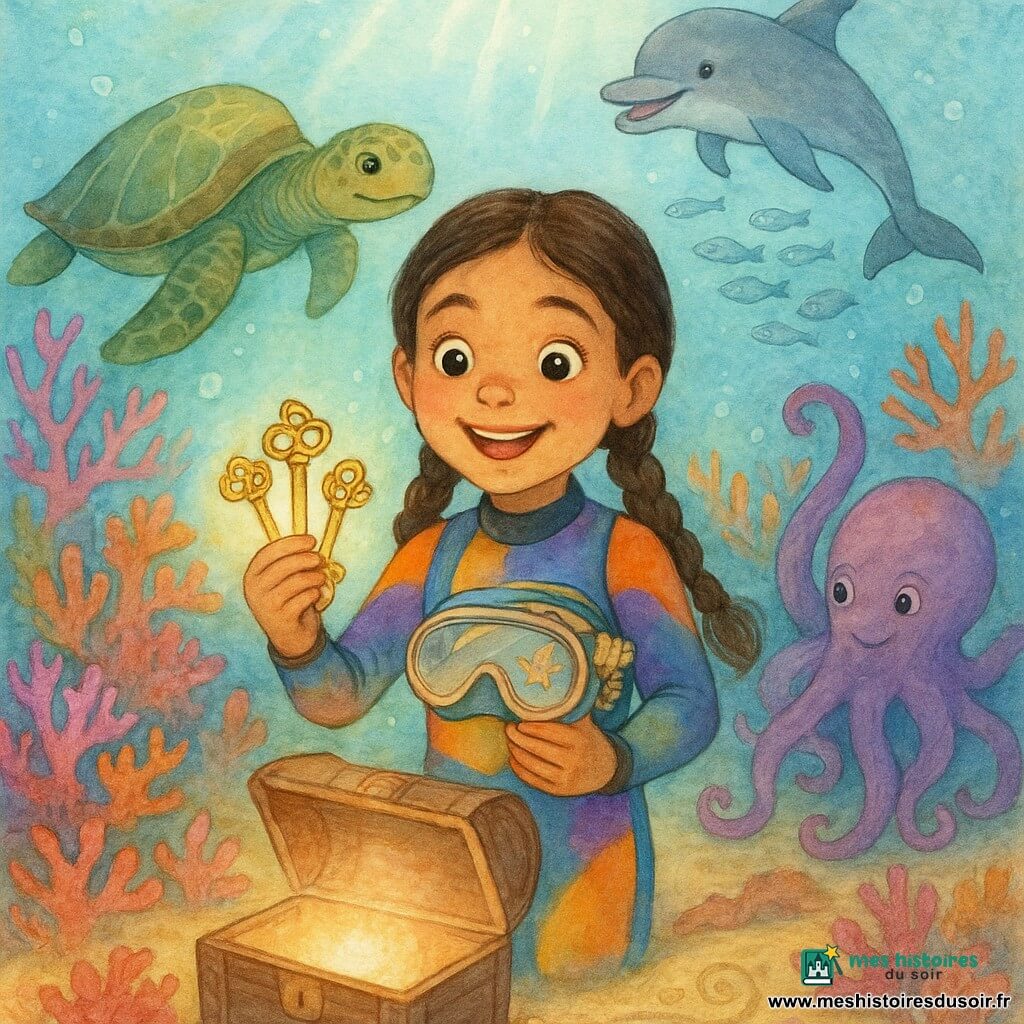 Fille de 8 ans émerveillée, cheveux bruns en deux tresses, souriante et portant une combinaison de plongée colorée, tenant trois clés scintillantes et touchant délicatement un masque orné de coquillages ; une grande tortue verte à gauche l'observe avec bienveillance, une pieuvre violette à droite dessine des motifs dans le sable près d'une perle brillante, un dauphin gris souriant saute au-dessus d'un banc de petits poissons argentés ; le décor est un jardin de corail foisonnant (coraux roses, orangés et pourpres, anémones, rayons de lumière, bulles et poissons multicolores) ; la fille est au centre d'un coffre ancien ouvert d'où s'échappe une lumière nacrée, les trois clés réunies et ses amis marins entourant la scène, atmosphère magique et douce, palette aquarelle pastel avec contrastes vifs sur les coraux.