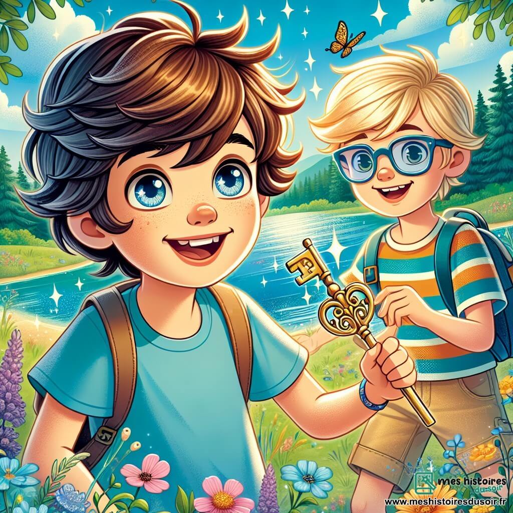 Maxime, un garçon de 11 ans aux cheveux bruns en bataille et aux yeux curieux, se tient au bord d'un lac scintillant. Il porte un t-shirt bleu et un short beige, et affiche une joie contagieuse en tenant une clé dorée, prêt à découvrir un trésor caché. À ses côtés, son ami Hugo, également âgé de 11 ans, a des cheveux blonds et des lunettes de soleil, vêtu d'un t-shirt à rayures colorées. Ils sont entourés de fleurs sauvages et de papillons, créant une atmosphère magique. En arrière-plan, une forêt verdoyante et un ciel bleu avec des nuages blancs complètent le décor. Maxime et Hugo sont excités et prêts pour une aventure, symbolisant l'amitié et la magie des anniversaires.
