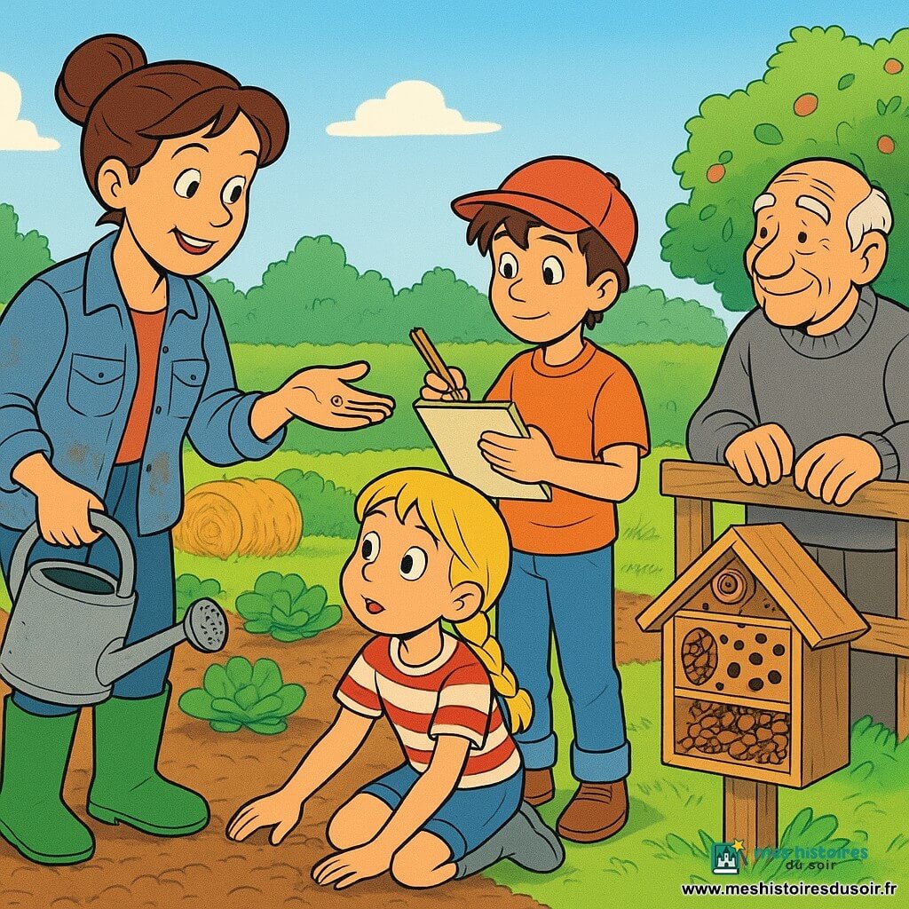 Femme agricultrice souriante aux cheveux en chignon, veste en jean terreuse et bottes vertes, montrant une graine aux enfants près d’un petit hôtel à insectes en bois ; une fillette de 10 ans en tresses touche la terre, un garçon de 11 ans en casquette dessine l’hôtel, et un voisin âgé d’environ 70 ans, appuyé sur une barrière avec une boîte à outils, observe ; potager coloré avec rangées de légumes, bottes de paille et haie de pommiers sous un ciel bleu, ambiance chaleureuse et pédagogique baignée d’une lumière dorée, style dessin animé années 90, couleurs vives et contours nets.