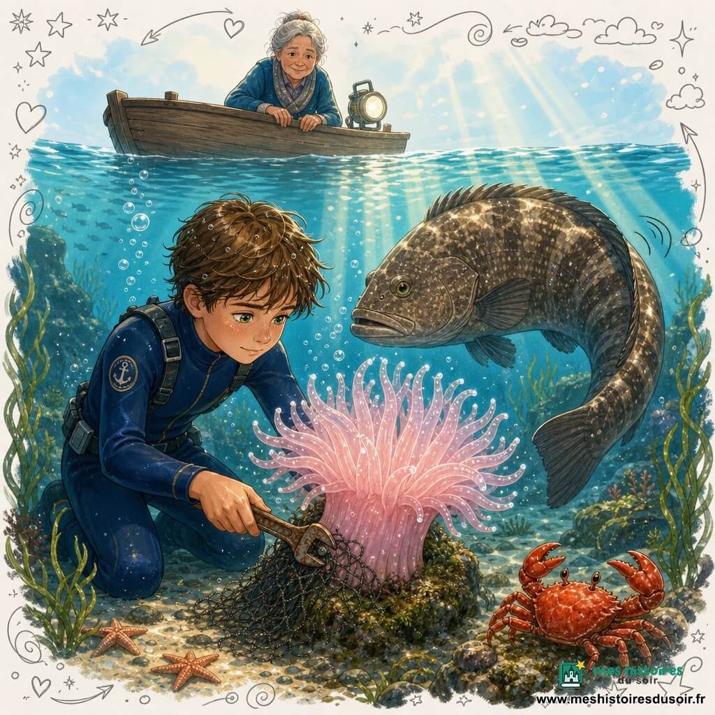 Garçon de 10 ans en combinaison de plongée bleu marine, cheveux mouillés, tenant une petite clé anglaise rouillée, agenouillé sous l'eau en train de dégager délicatement un filet coincé à la base d'une rare anémone rose pâle translucide accrochant à une pierre couverte d'algues ; une grand-mère d'environ 68 ans au visage doux observe depuis une petite barque en bois avec une lampe étanche posée près d'elle, un crabe rouge curieux pince une pierre voisine, un imposant mérou brun-gris tourne en cercle pour protéger l'anémone ; fond marin rocheux près d'un rocher central, eau claire avec rayons de soleil, herbes marines ondulantes, bulles et petites étoiles de mer, ambiance intime et lumineuse.