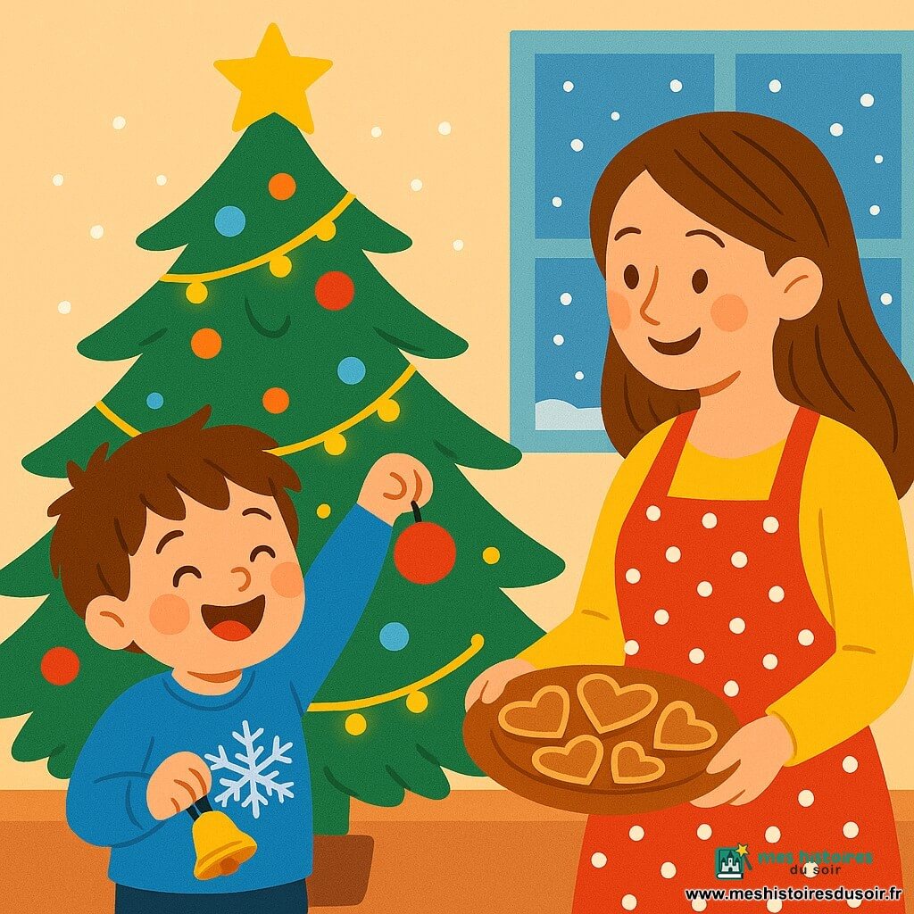 Un petit garçon de 4 ans, Martin, avec des cheveux bruns en bataille et un sourire éclatant, accroche une boule rouge sur un sapin de Noël. Il porte un pull bleu avec des flocons de neige. Sa maman, une femme d'environ 30 ans avec de longs cheveux châtains, se tient à côté de lui, tenant un plateau de biscuits en forme de cœur et portant un tablier rouge à pois blancs. Le salon est décoré d'un grand sapin illuminé, rempli de guirlandes scintillantes et de boules colorées. Des flocons de neige tombent doucement à l'extérieur, créant un paysage féerique. Martin rit en secouant une clochette dorée trouvée sous le sapin, tandis que sa maman l'encourage avec tendresse.