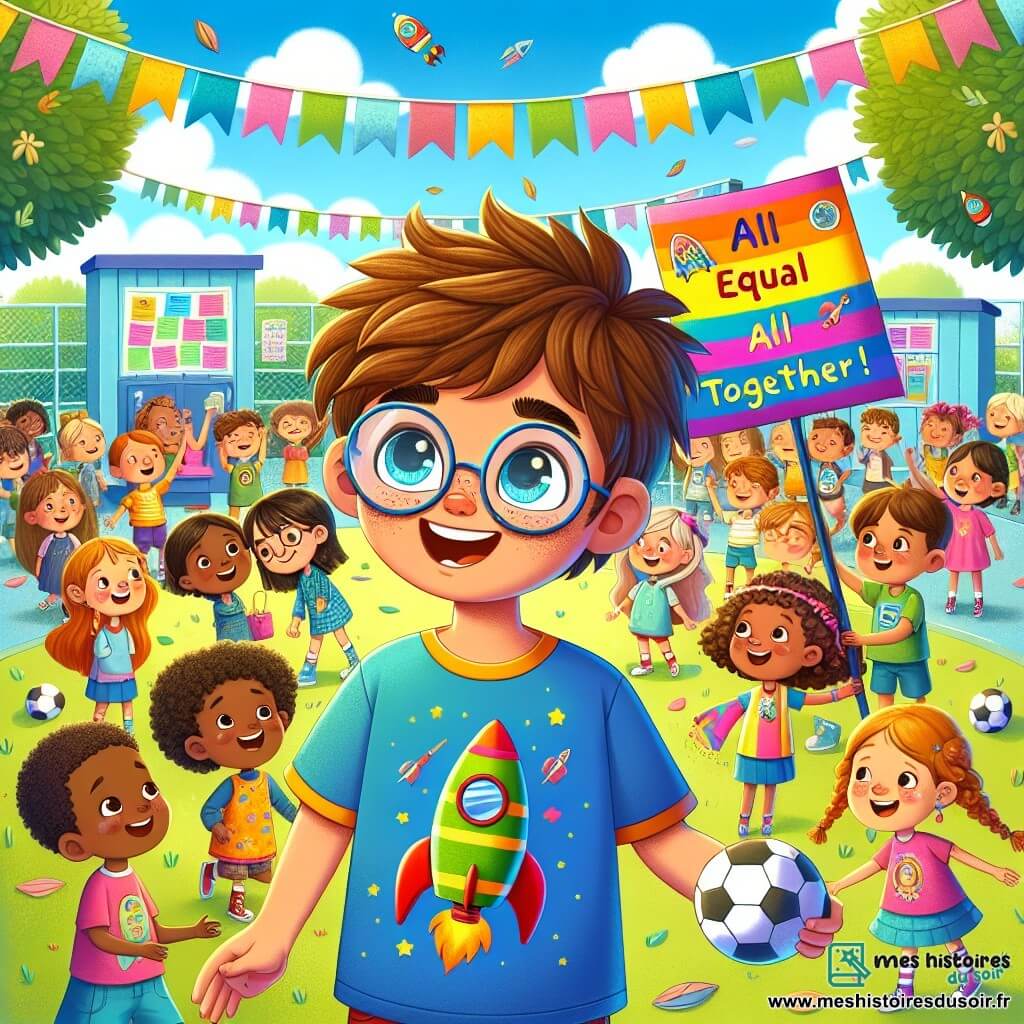 Léo, un garçon de 10 ans, se tient au centre de la cour de récréation avec un grand sourire. Il a des cheveux bruns en bataille, des lunettes rondes et porte un t-shirt bleu avec un dessin de fusée. Excité, il explique l'importance de l'égalité des genres à ses camarades. À ses côtés, sa meilleure amie Emma, 9 ans, avec des cheveux blonds tressés et une robe colorée, l'écoute attentivement en tenant une affiche "Tous égaux, tous ensemble !". En arrière-plan, des élèves de différentes origines jouent et discutent, tandis que la cour est décorée de banderoles et d'affiches sur l'égalité des genres, créant une ambiance festive. Léo et Emma partagent leur projet de journée de l'égalité des genres, incitant leurs camarades à participer à diverses activités tout en célébrant la diversité et l'inclusion.