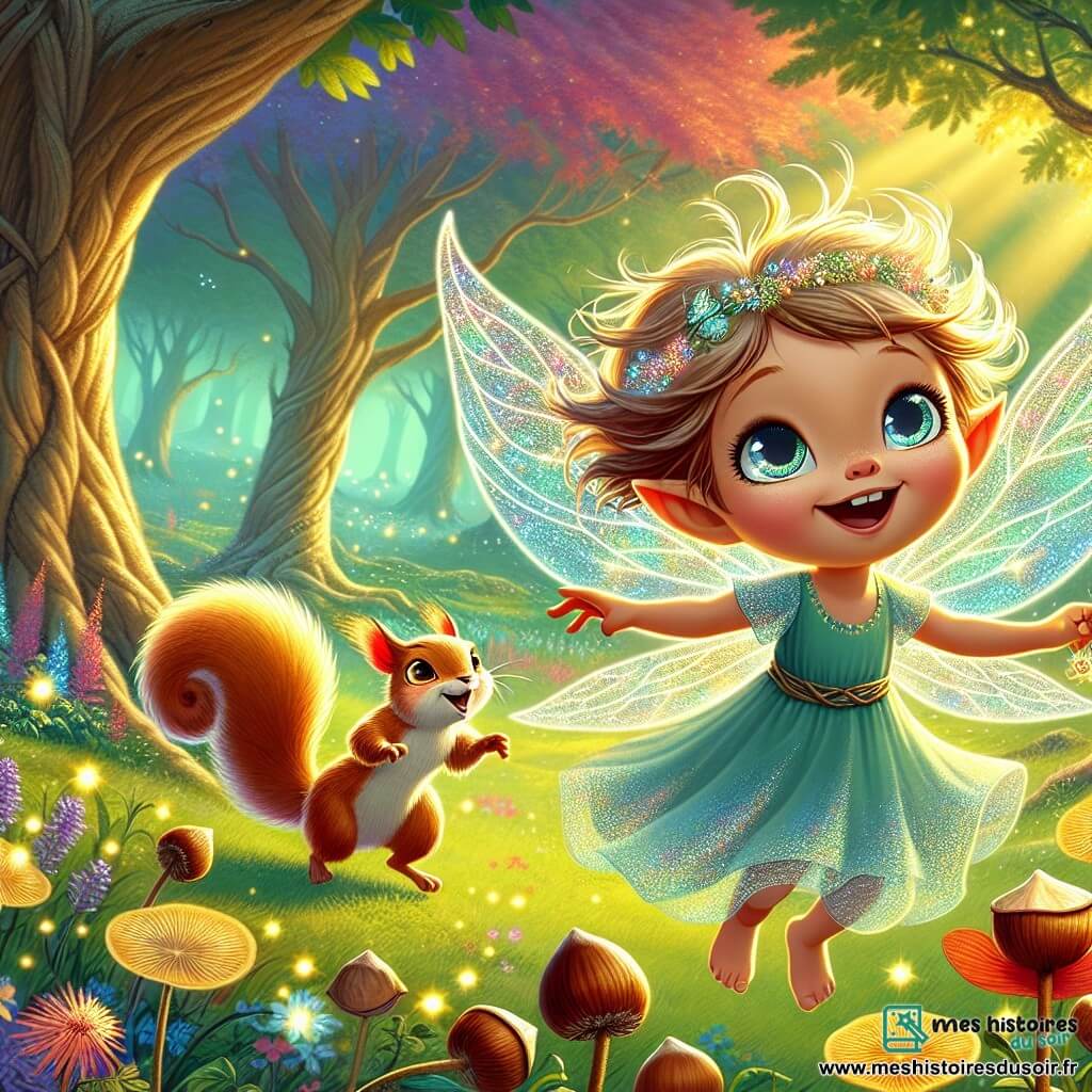 Lila, une petite sylphide aux ailes translucides et iridescentes, vole joyeusement au-dessus d'une clairière lumineuse, son visage rayonnant de curiosité. Ses yeux pétillants brillent comme des étoiles, et ses cheveux flottent dans le vent, tandis qu'elle tient un panier rempli de noisettes scintillantes. À ses côtés, Éclat, un écureuil aux poils dorés, grimpe sur une branche, prêt à l'aider dans leur quête. La scène se déroule dans la Forêt des Murmures, où de majestueux arbres aux troncs noueux s'élèvent vers le ciel, leurs feuilles scintillant sous la lumière du soleil. Lila et Éclat cherchent des noisettes brillantes pour le Grand Festin des Luminescents, entourés d'une atmosphère enchantée et lumineuse, remplie de joie.
