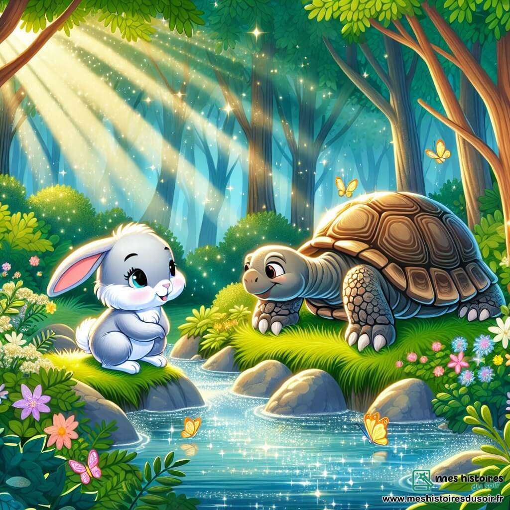 Un petit lapin nommé Loulou, au pelage doux et blanc, aux grandes oreilles et aux yeux curieux, est assis près d'un ruisseau. Il écoute une vieille tortue sage nommée Tula, qui partage ses réflexions sur la vie. La scène se déroule dans une forêt enchantée, baignée de lumière, avec des fleurs colorées et des papillons dansants. Loulou et Tula symbolisent une belle amitié entre curiosité et sagesse, au bord du ruisseau, entourés de nature.