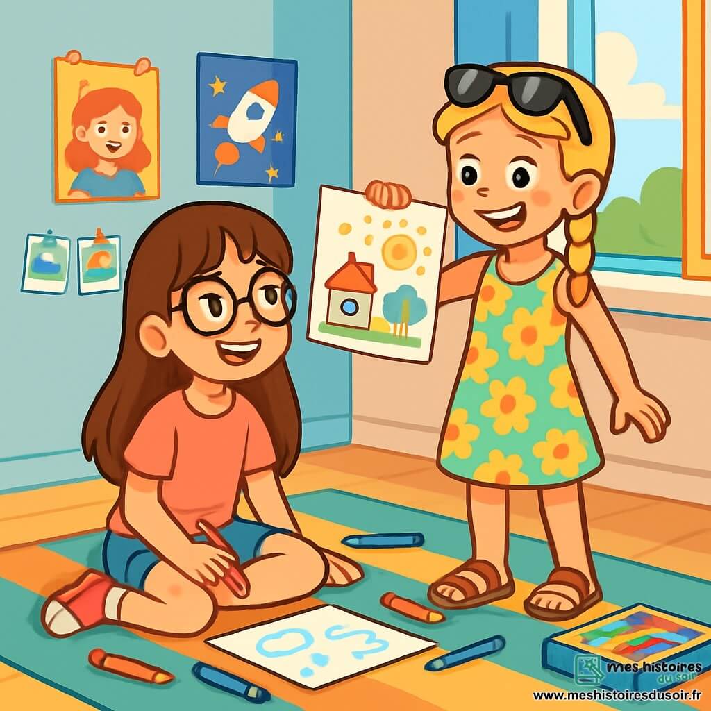 Alice, une fille de 10 ans aux longs cheveux bruns et lunettes rondes, est assise sur un tapis coloré, entourée de feutres et de feuilles de papier, avec un sourire joyeux. Zoé, également âgée de 10 ans, a des cheveux blonds en tresses et des lunettes de soleil sur la tête, portant une robe à fleurs. Elle se tient à côté d'Alice, tenant un dessin, les yeux pétillants d'excitation. La scène se déroule dans une chambre d'enfant lumineuse, décorée de posters et de photos, avec un grand tapis coloré au sol et une fenêtre ouverte laissant entrer la lumière. Alice et Zoé dessinent ensemble, riant et partageant des idées, tandis qu'un jeu de société est posé à côté d'elles, symbolisant leur choix de passer du temps sans écran.