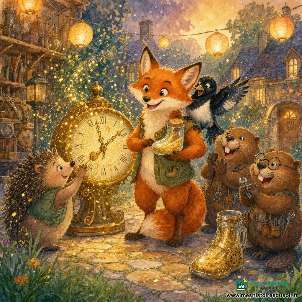 Milo, renard inventeur au pelage roux et à la grande queue touffue, se tient au centre, souriant, tenant une pantoufle-bocal en verre remplie de sable doré scintillant, regardant l’horloge avec fierté; Coco la pie, plumes noires et blanches irisées, perchée sur son épaule gauche, est surprise et ravie, parsemée de paillettes dorées; Gaston et Riton, deux castors ronds et souriants — l’un moustachu, l’autre portant des lunettes rondes — sont à droite, mains pleines d’outils auprès d’un bocal-pantoufle transformé, riant et applaudissant; Arsène le hérisson, petit et timide mais heureux, est à gauche au premier plan, ajustant deux aiguilles brillantes sur l’horloge avec des piquants saupoudrés de paillettes. La scène se déroule dans une cour de village pittoresque au crépuscule, pavés irréguliers, lampions en papier, atelier en bois aux étagères d’objets étranges et herbe bordant les pierres, tandis que l’horloge de sable doré s’active et projette des confettis lumineux; les aiguilles semblent danser et tous rient dans une atmosphère chaleureuse et fantaisiste. Style aquarelle douce, couleurs chaudes, contrastes légers, textures fluides et traits délicats, composition centrée et lisible pour enfants.