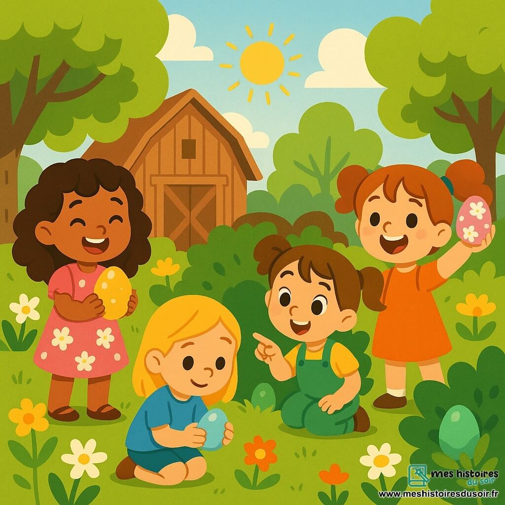 Quatre petites filles de 6 ans se tiennent dans un jardin ensoleillé. Lola, aux cheveux bruns et bouclés, porte une robe rose et tient un œuf doré. Emma, aux cheveux blonds, est accroupie avec un œuf bleu clair. Zoé, avec des cheveux châtains en couettes et une salopette verte, montre un œuf vert dans un buisson. Mia, aux cheveux roux, lève les bras avec un œuf rose. Le jardin est rempli de fleurs colorées et d'arbres, créant une ambiance magique. Les filles chassent des œufs de Pâques, pleines d'excitation et de rires.