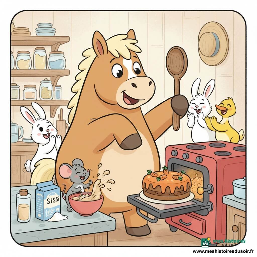 Un cheval joyeux et surpris, grand et rondouillet à la robe brun clair et crinière crème, debout sur ses pattes arrière en tenant une grande cuillère près d'un énorme gâteau aux carottes orange vif ; la petite souris Sissi, toute grise et mignonne, sur une boîte de farine bat la pâte avec énergie ; en arrière-plan un lapin blanc curieux et un canard jaune applaudissent autour d'un four ancien rouge dans une cuisine chaleureuse et colorée aux murs en bois clair, plan de travail en pierre, placards ouverts et bocaux, ambiance conviviale et enfantine avec éclaboussures de pâte, rires, couleurs douces et contours arrondis.