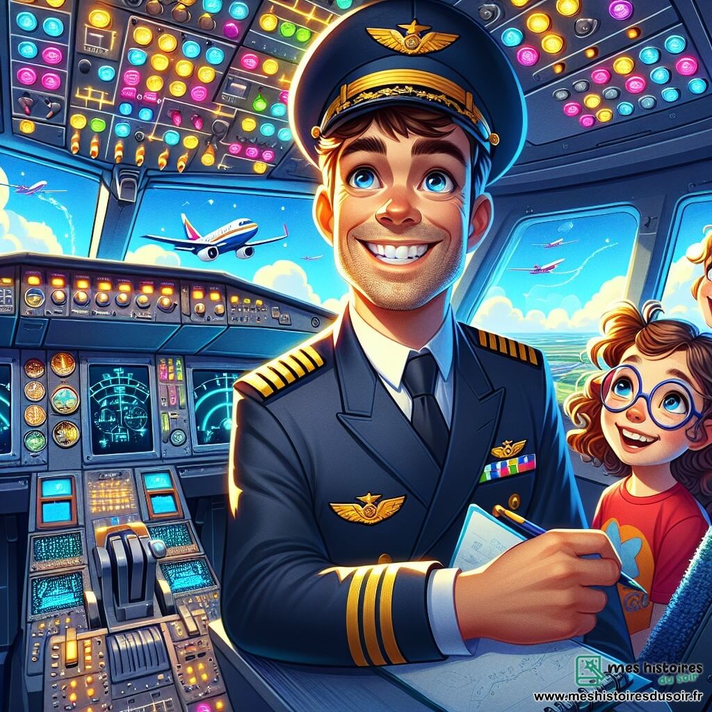 Le Capitaine Marc, souriant et confiant, porte un uniforme de pilote bleu marine avec des épaulettes dorées. Ses cheveux bruns sont coiffés, et ses yeux pétillent d'excitation dans le cockpit d'un avion, entouré de boutons et d'instruments. À ses côtés, Emma, 10 ans, avec des cheveux bouclés et des lunettes rondes, observe le tableau de bord, prête à prendre des notes. Lucas, 9 ans, en t-shirt rouge et chapeau de pilote en papier, écoute attentivement. Le cockpit est lumineux avec de grandes fenêtres offrant une vue sur un ciel bleu et des nuages blancs. Le Capitaine explique comment il va décoller, tandis qu'un message du contrôle aérien annonce une météo imprévue, ajoutant du suspense à l'aventure.