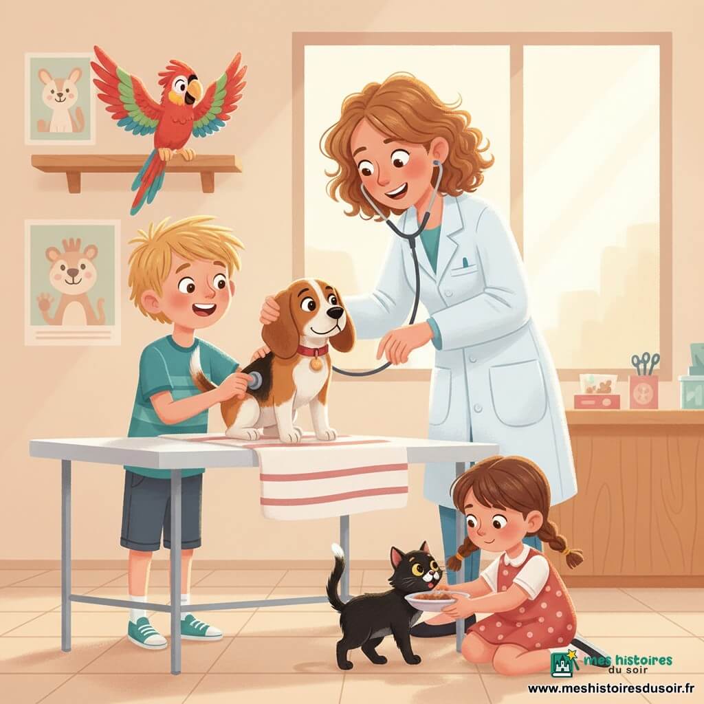Vétérinaire souriante aux cheveux châtain clair écoutant le cœur d'un petit chien brun clair nommé Max sur une table pendant qu'un garçon d'environ 8 ans tient l'autre embout du stéthoscope et qu'une fillette de 6 ans, en robe à pois, tend une assiette à un chaton noir; un perroquet coloré sur une étagère, clinique lumineuse au sol carrelé et comptoir en bois clair, ambiance chaleureuse, sécurisante et vivante, palette pastel douce adaptée à une couverture d'album jeunesse.