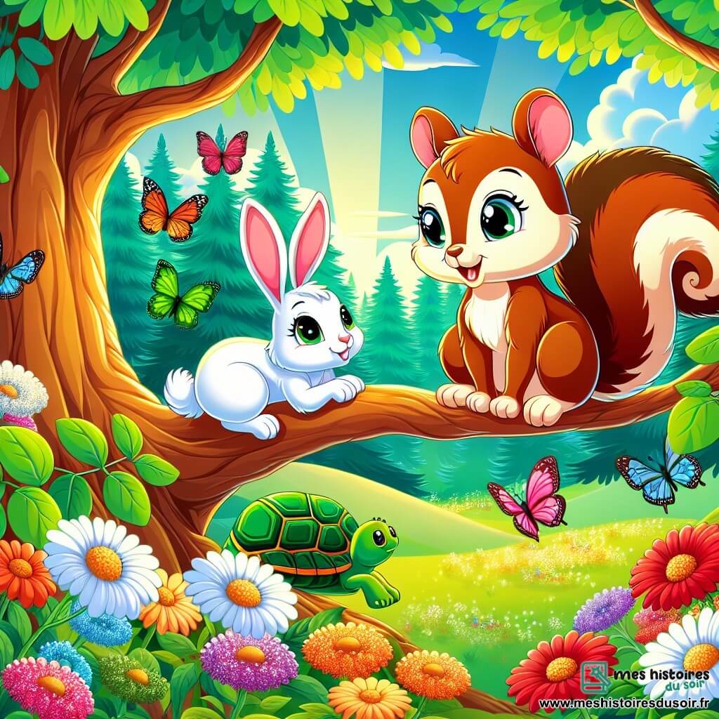 Illustration d'un écureuil femelle au pelage brun et doré, curieuse et fière, perchée sur une branche, déterminée à grimper. À ses côtés, un lapin mâle aux grandes oreilles, au pelage blanc avec des taches brunes, l'observe avec admiration, prêt à l'encourager. Plus loin, une tortue femelle au carapace verte, entourée de fleurs colorées, regarde avec bienveillance. La scène se déroule dans une forêt enchantée, baignée de lumière, où l'écureuil grimpe courageusement, soutenu par ses amis, créant une atmosphère de joie. Des oiseaux chantent, des papillons virevoltent et le ciel est bleu avec des nuages blancs, ajoutant une touche magique à cette scène d’amitié et de détermination.