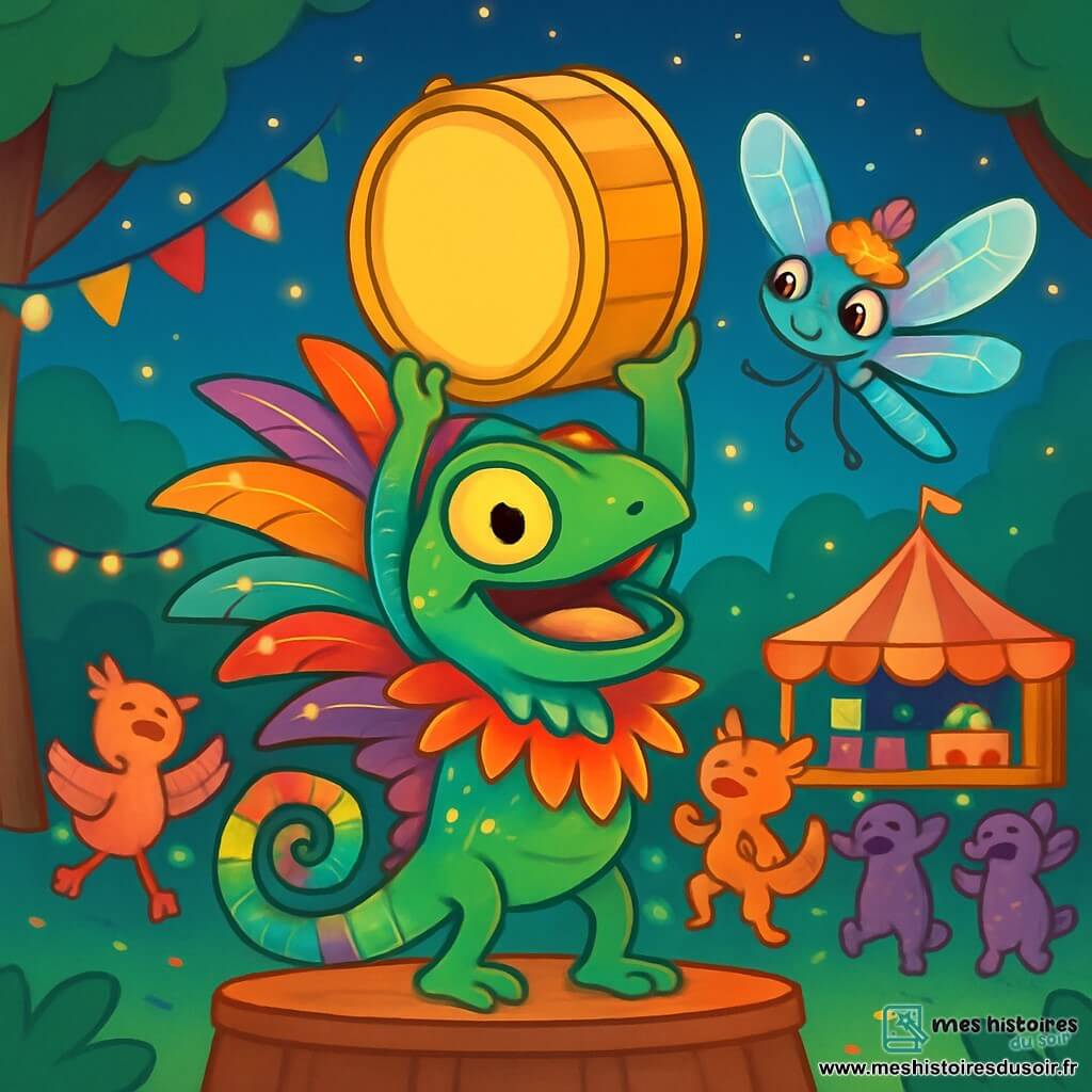 Piko, un jeune caméléon aux écailles brillantes, se tient sur une scène de carnaval, son costume de plumes et de paillettes scintillant sous les lumières. Il sourit avec fierté, tenant un grand tambour doré. À ses côtés, Lila, une libellule aux ailes irisées, vole joyeusement autour de lui, portant un petit chapeau fleuri. Le décor est une vallée vibrante avec des créatures colorées, des guirlandes lumineuses et des stands de friandises. Piko et Lila célèbrent le succès de leur quête, entourés d'amis dansant et chantant, unis dans la joie du carnaval.