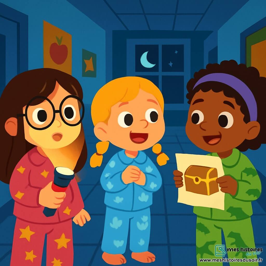 Trois personnages sont présents : Margot, 8 ans, avec de longs cheveux bruns et des lunettes rondes, portant un pyjama rose et tenant une lampe de poche ; Lina, 7 ans, avec des cheveux blonds en tresses, un pyjama bleu et regardant le couloir avec enthousiasme ; et Zoé, 8 ans, avec des cheveux frisés et un bandeau violet, portant un pyjama vert et tenant un dessin du coffre. Elles se trouvent dans un couloir sombre de l’école, éclairé par la lune, avec des murs bleu clair et des affiches colorées. Elles sont en pleine chasse au trésor, prêtes à résoudre une énigme pour trouver un coffre caché.