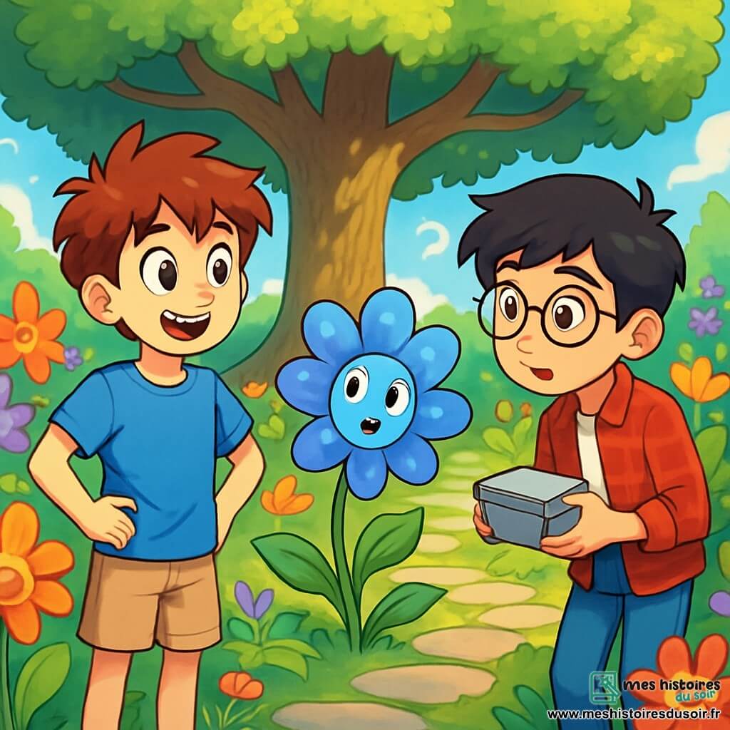 Deux personnages principaux : Léo, un garçon de 12 ans aux cheveux bruns en bataille, yeux pétillants, t-shirt bleu et short beige, se tient à gauche, sourire émerveillé ; Sami, également 12 ans, cheveux noirs, lunettes rondes, chemise à carreaux rouges et jean, est à droite, légèrement penché en avant, tenant une petite boîte en fer blanc. L'action se déroule dans un jardin magique avec des fleurs colorées aux formes étranges. Des allées en pierres plates serpentent entre des parterres luxuriants où les fleurs parlent. Un grand tilleul majestueux offre une ombre douce. Léo et Sami discutent avec une fleur couleur de pluie qui pose une question intrigante, créant une atmosphère magique et mystérieuse, pleine de couleurs vives.