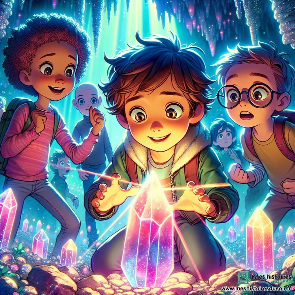 Au centre de l'image, Lucas, un garçon de douze ans aux cheveux bouclés et aux yeux pétillants, s'accroupit, émerveillé, en touchant un cristal d'énergie brillant. À sa droite, Clara, une fille pleine d'énergie avec des tresses, lève les bras en l'air, fascinée par les couleurs éclatantes des cristaux. À gauche, Max, un garçon timide aux lunettes rondes, observe avec curiosité. En arrière-plan, la grotte scintillante est illuminée par des cristaux d'énergie et des stalactites. Les enfants découvrent un extraterrestre amical, Xylo, avec une peau verte et de grands yeux ronds, souriant chaleureusement. Ils s'apprêtent à l'aider à réparer son vaisseau spatial, entourés de cristaux lumineux.
