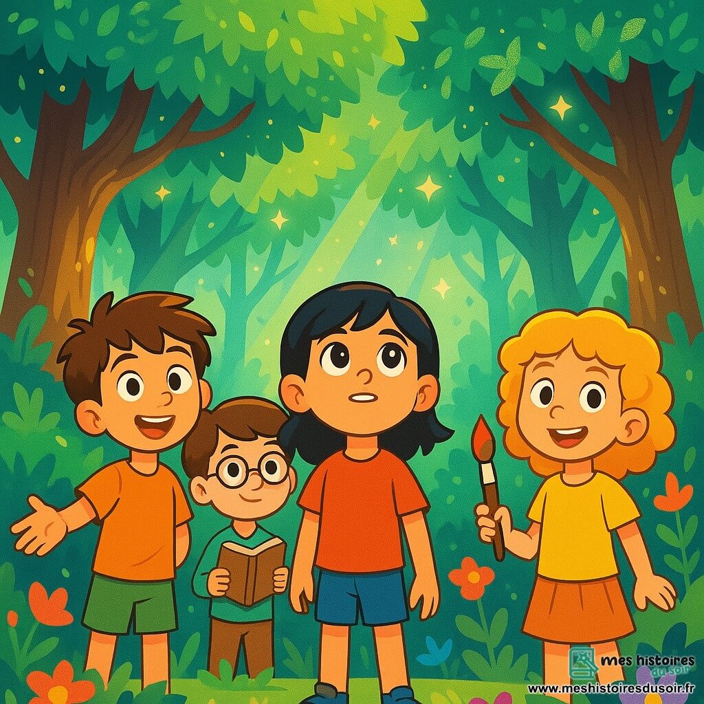 Quatre amis se tiennent dans une forêt enchantée : Lucas, un garçon de 10 ans aux cheveux bruns et curieux, Émilie, une fille de 9 ans aux boucles dorées avec un pinceau, Noah, un garçon de 11 ans avec des lunettes et un carnet, et Sarah, une fille de 10 ans observant les étoiles. La forêt est magique, avec de grands arbres aux feuilles scintillantes et des fleurs colorées. Ils font face à un vieux sage lumineux qui les encourage à surmonter leurs peurs pour réaliser leurs rêves, leurs visages montrant émerveillement et détermination.
