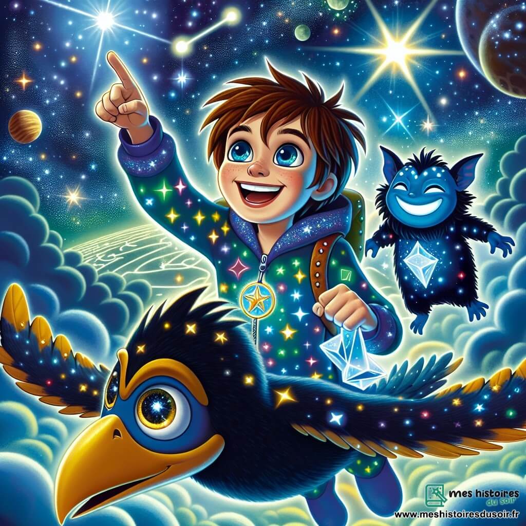 Eliott, un jeune garçon d'environ 12 ans aux cheveux châtains et aux yeux curieux, se tient sur un vaisseau spatial en forme d'oiseau, pointant vers un ciel étoilé. Il porte une combinaison spatiale colorée. À ses côtés se trouve Zorak, un être fantastique à la peau bleu azur, tenant un cristal lumineux et souriant. Ils naviguent à travers les Nuages d’Ombre, un paysage mystérieux avec des nuages sombres et des lumières éclatantes. Ils se préparent à affronter le Sorcier Nocturne, qui apparaît à l'horizon avec le Talisman des Étoiles, prêts à défendre la lumière contre les ténèbres.