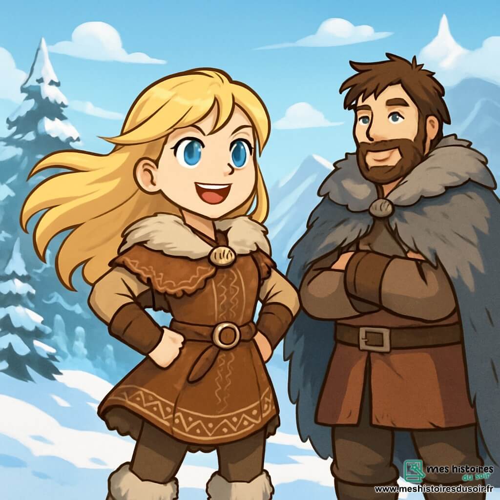 Freya, une jeune femme viking de 18 ans, se tient sur une plaine enneigée, ses longs cheveux blonds flottant au vent. Elle porte une tunique en fourrure marron avec des motifs nordiques et affiche une détermination éclatante. À proximité, Sven, un homme d'une trentaine d'années en cape de fourrure grise, l'observe avec admiration. Le décor est une vaste plaine enneigée bordée de pins givrées, avec des montagnes à l'horizon. Freya et Sven sont en plein duel amical, leurs armes scintillantes s'entrechoquent, tandis que les villageois les regardent avec émerveillement, créant une atmosphère de tension et d'excitation.