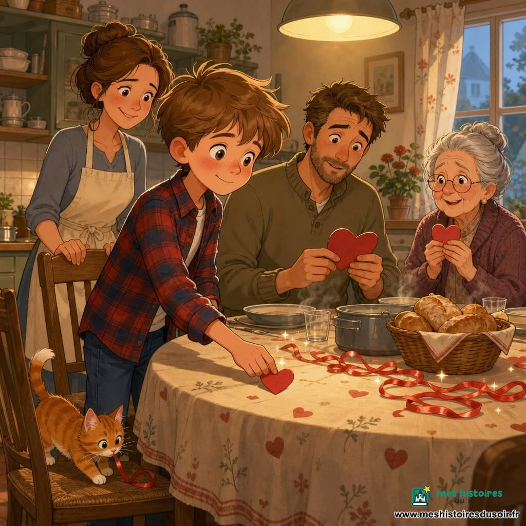 Léo, garçon de 10 ans, timide et souriant, pose une rangée de petits cœurs porte-noms rouges avec prénoms écrits en lettres rondes et petits nœuds sur la table familiale; la maman souriante est derrière la chaise, le papa penché lit un cœur, la voisine Mme Dupuis, émue près de la fenêtre, tient un cœur, et le chat roux Pompon renifle un ruban; la scène se déroule dans une cuisine-salle à manger chaleureuse éclairée d'une lampe jaune, avec nappe à motifs, assiettes fumantes, pain en corbeille et quelques rubans et paillettes éparpillés, les visages montrant surprise et affection.
