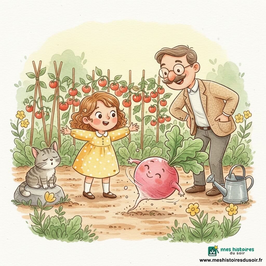 Zoé, 4 ans, joyeuse et émerveillée, cheveux bouclés châtain clair, robe jaune à pois blancs, debout au potager tendant les bras vers un radis géant dansant ; Monsieur Lapin, voisin d’environ 50 ans, moustachu, lunettes rondes, veste en tweed beige, mains sur les hanches, souriant et légèrement penché à sa droite ; Grincheux, chat gris rayé petit et paresseux, posé sur une pierre à sa gauche, l’air surpris mais attendri ; le radis rond et rose pâle avec une touffe de feuilles vertes roule en soulevant un léger nuage de terre comme une petite danseuse ; potager coloré avec sillons bruns, rangées de tomates rouges, courgettes vertes, fleurs jaunes et un arrosoir en métal ancien près d’un tuteur en bois ; lumière douce de fin de matinée, palette pastel avec contours au stylo blanc et éclaboussures de terre, ambiance ludique et chaleureuse.