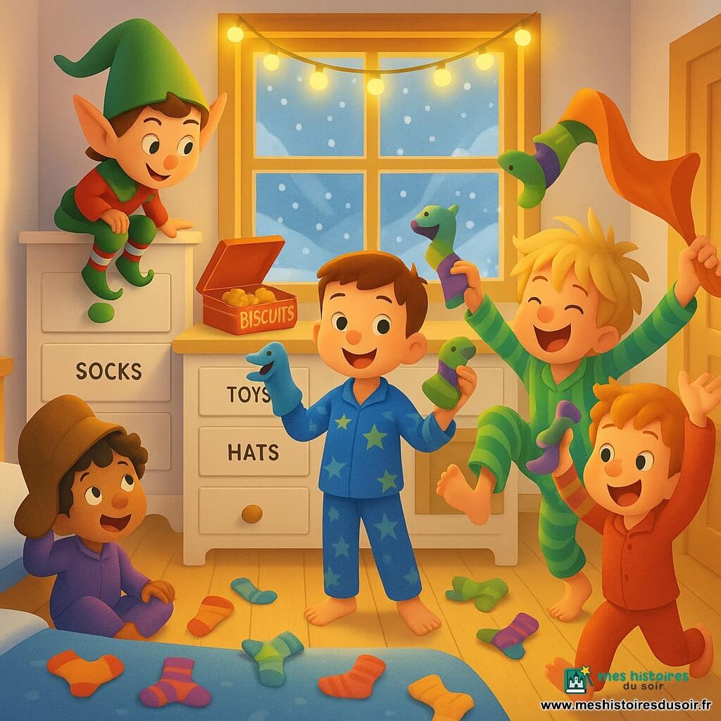 Cinq personnages : un lutin farceur garçon, petit (taille d’un chat), bonnet vert pointu, chaussettes rouges et blanches, perché sur la commode à gauche en regardant les enfants ; Tom, 5 ans, cheveux bruns courts, pyjama bleu à étoiles, au centre devant la commode tenant une chaussette-marionnette dans la main droite ; Hugo, 5 ans, cheveux blonds en bataille, pyjama vert rayé, à droite de Tom dansant avec deux chaussettes-marionnettes ; Sami, 5 ans, cheveux bouclés noirs, pyjama violet, assis par terre à gauche de Tom avec une grosse moufle sur la tête ; Léon, 5 ans, roux tacheté, pyjama rouge, debout près de la porte à droite agitant une écharpe comme un drapeau. Lieu : petite chambre chaleureuse sous la neige, plancher en bois clair, commode blanche aux tiroirs étiquetés (étiquettes changées par le lutin), guirlande lumineuse jaune au-dessus de la fenêtre, boîte à biscuits ouverte sur la commode, chaussettes colorées éparpillées sur le lit et le sol. Situation : le lutin a échangé les étiquettes des tiroirs et les enfants transforment les chaussettes en marionnettes, scène joyeuse et animée aux couleurs vives et à l’éclairage doux, composition centrée sur la commode et les enfants réunis autour.