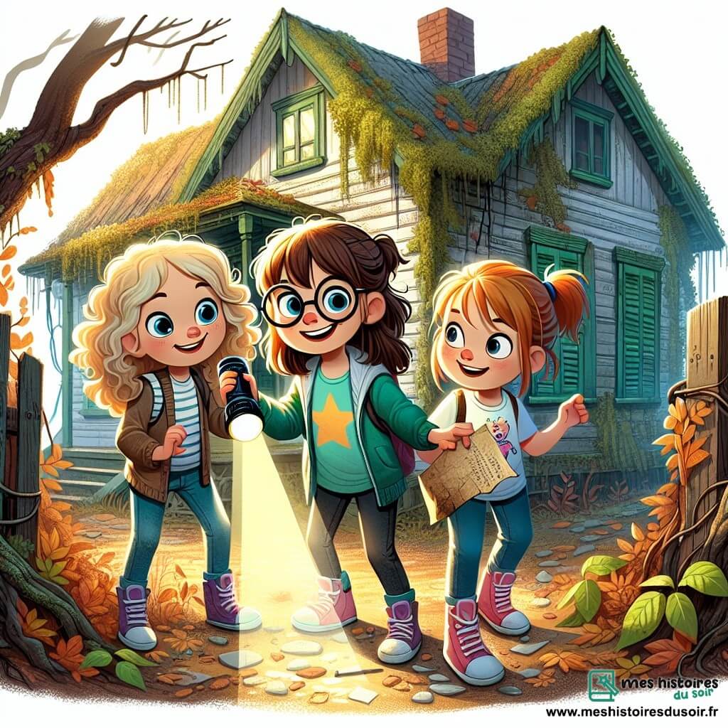 Trois filles de 10 ans, inséparables et curieuses, se tiennent devant une vieille maison abandonnée. Léa, avec ses cheveux blonds bouclés, tient une lampe de poche, Chloé, accroupie, examine un morceau de papier trouvé près de la clôture, et Emma, la plus aventurière, regarde la porte de la maison avec excitation. La maison, en bois avec des volets verts écaillés et une toiture couverte de mousse, est entourée de lianes et de feuilles d'automne, créant une atmosphère mystérieuse. Les rayons du soleil ajoutent une touche de magie. Les amies sont prêtes à découvrir un trésor caché après avoir trouvé une lettre mystérieuse parlant d'un secret enfoui, l'excitation se lisant sur leurs visages.