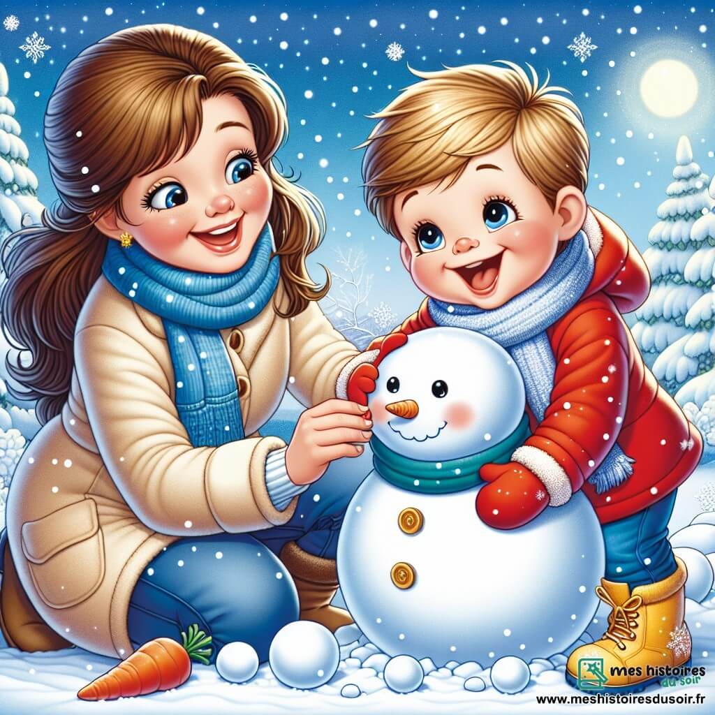 Un petit garçon de 1 an, Petit Louis, construit un bonhomme de neige. Il porte un manteau rouge, une écharpe bleue et des bottes jaunes, riant en soulevant une boule de neige. À côté de lui, sa maman, d'environ 30 ans, l'aide en ajoutant une carotte pour le nez. Le paysage hivernal est enchanteur, avec des arbres enneigés et un ciel bleu. Petit Louis, émerveillé et heureux, crée son bonhomme de neige, encouragé par sa maman dans la magie de l'hiver.