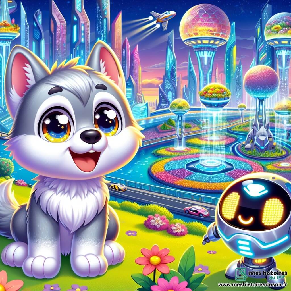 Un petit loup nommé Loulou, avec un pelage gris doux et des yeux curieux, se tient au centre de la scène, souriant face à la beauté d'une ville futuriste. À ses côtés, un petit robot rond nommé Bibi, en métal brillant, flotte joyeusement, illuminé d'excitation. Le décor est une ville futuriste avec des bâtiments en verre, des jardins suspendus colorés et des véhicules volants, le tout sous une lumière dorée. Loulou et Bibi survolent la ville dans un véhicule flottant, admirant les fontaines et les fleurs géantes, tandis que des abeilles robots bourdonnent autour d'eux, créant une atmosphère magique.