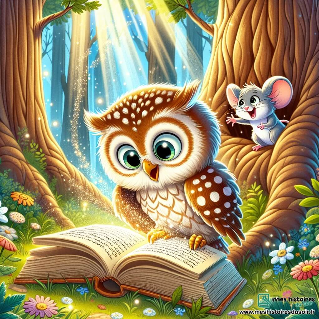 Un hibou nommé Hibo, avec de grands yeux ronds et des plumes brunes tachetées de blanc, regarde émerveillé un vieux livre ouvert devant lui, assis sur une branche. À ses côtés, une petite souris nommée Mimi, au pelage gris et aux grandes oreilles, sourit en pointant le livre. La scène se déroule dans une forêt enchantée avec de grands arbres et des fleurs colorées, où des rayons de soleil créent des motifs lumineux au sol. Hibo découvre un livre magique qui le transporte dans le passé, encouragé par Mimi à explorer les merveilles du temps.