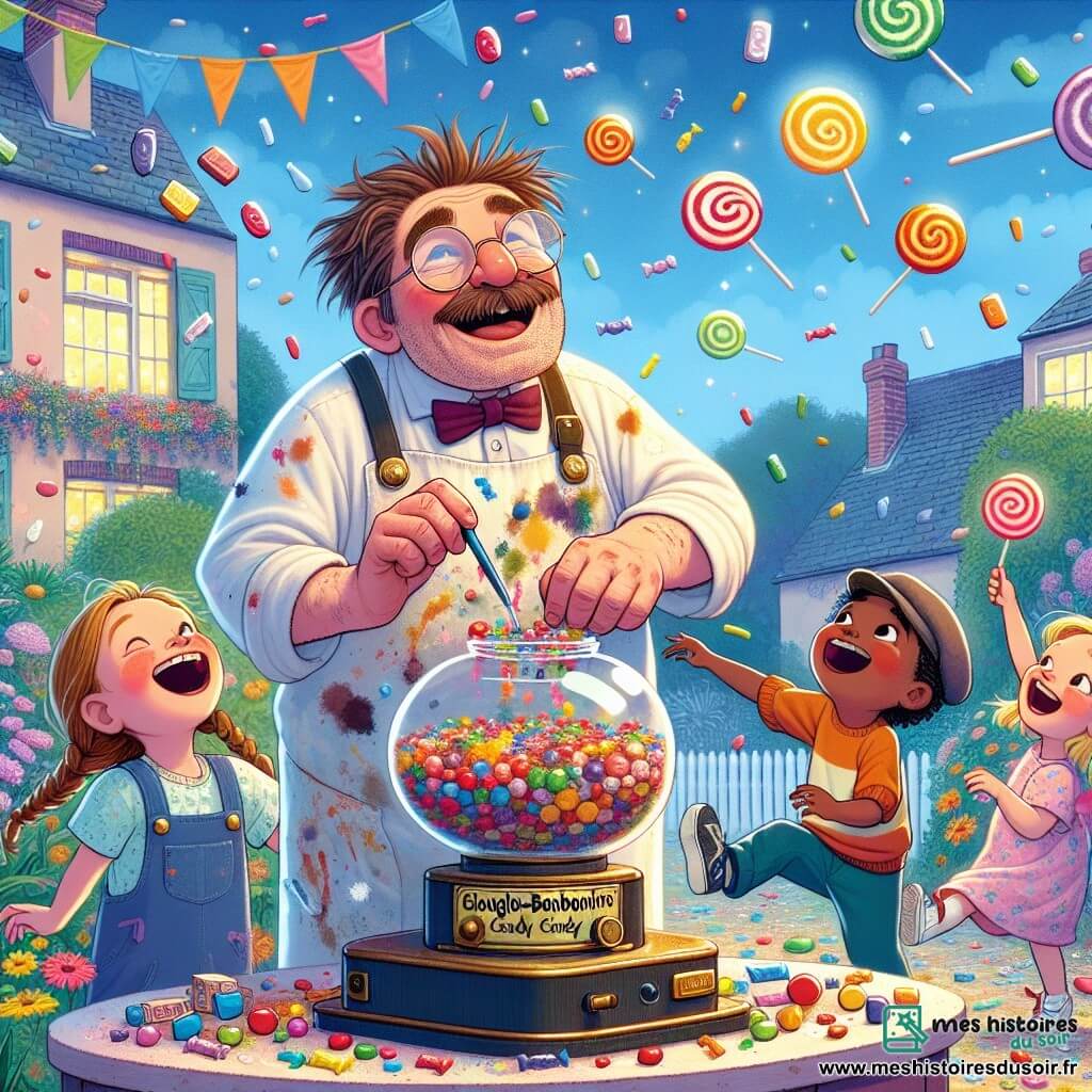 Monsieur Bidou, avec ses cheveux en bataille et ses lunettes rondes, porte une blouse tachée de peinture. Il exprime une grande joie en ajustant les boutons de sa machine à bonbons, la Glouglou-Bonbonnière, qui brille. À ses côtés, Emma, une petite fille de 8 ans avec des tresses, lève les bras pour attraper un bonbon dans les airs. Tom, un garçon de 7 ans avec une casquette à l'envers, saute pour attraper un bonbon flottant. La scène se déroule dans le jardin coloré de Monsieur Bidou, entouré de fleurs vives et de maisons colorées, où des bonbons multicolores s'envolent. L'atmosphère est festive avec des enfants émerveillés autour de la machine à bonbons qui libère des douceurs.