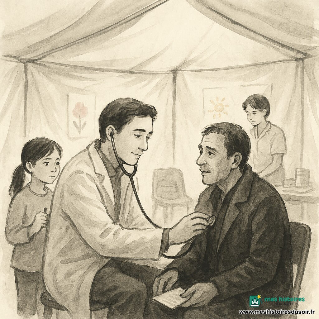 Sami, visage doux et yeux couleur thé, accroupi ou assis, écoute la poitrine de Karim avec un stéthoscope et le rassure ; Lina, ~12 ans, cheveux attachés, tient un carnet et un crayon, attentive en retrait ; Nour, infirmière d'une trentaine d'années, prépare une fiche et des pansements à l'arrière-plan ; la scène se déroule dans une petite tente blanche installée dans une cour d'école avec table et chaises en plastique, lumière douce et pluie fine visible dehors ; atmosphère chaleureuse et sereine, contrastes d'encre noire et lavis gris, touches pâles pour les affiches et le carnet, traits d'encre fluides et contours suggestifs centrés sur visages et mains.