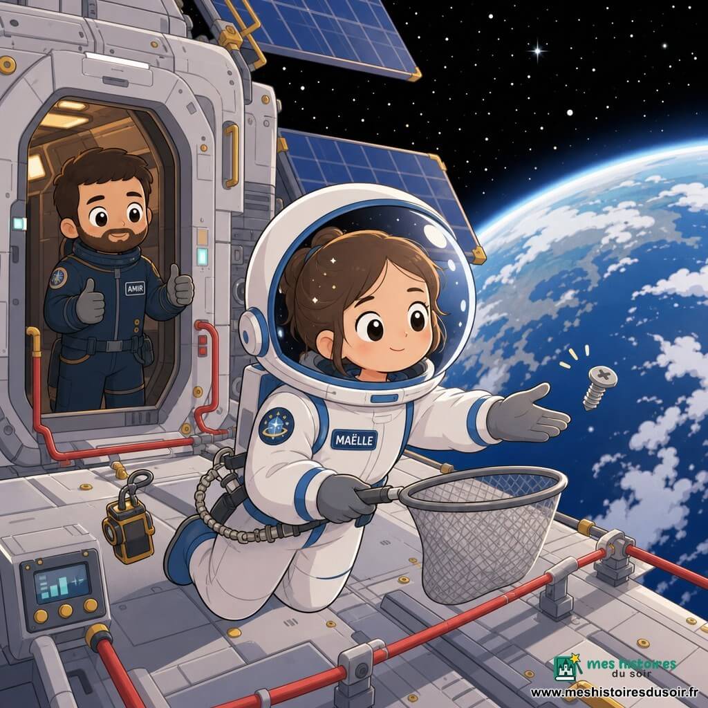 Maëlle, astronaute au visage rond et grands yeux, expression calme et concentrée et léger sourire de soulagement, attrape doucement une petite vis argentée flottante avec un filet gris accroché à sa ceinture, vêtue d'une combinaison spatiale blanche et bleue avec écusson et casque transparent reflétant les étoiles; Amir, homme d'environ 30 ans au visage légèrement barbu et regard bienveillant, se tient à l'entrée du sas derrière elle, légèrement à gauche, gestes d'encouragement, en combinaison sombre; en arrière-plan la Terre bleu profond avec nuages, courbure nette et halo atmosphérique; lieu extérieur d'une station spatiale métallique aux panneaux gris texturés, vis jaunes, rails et cordes de sécurité rouges et petits instruments, étoilé sur fond noir; scène sereine où Maëlle récupère la vis dans un mouvement lent et précis, tension dissipée, ambiance douce et rassurante, éclairage froid des panneaux solaires mêlé à une lueur chaude de la station; composition en plan moyen légèrement en plongée, centrée sur Maëlle avec Amir et la Terre larges en arrière-plan, style kawaii minimal à formes simples, contours doux et palette apaisante (bleus profonds, blancs, gris, touches de jaune et rouge).