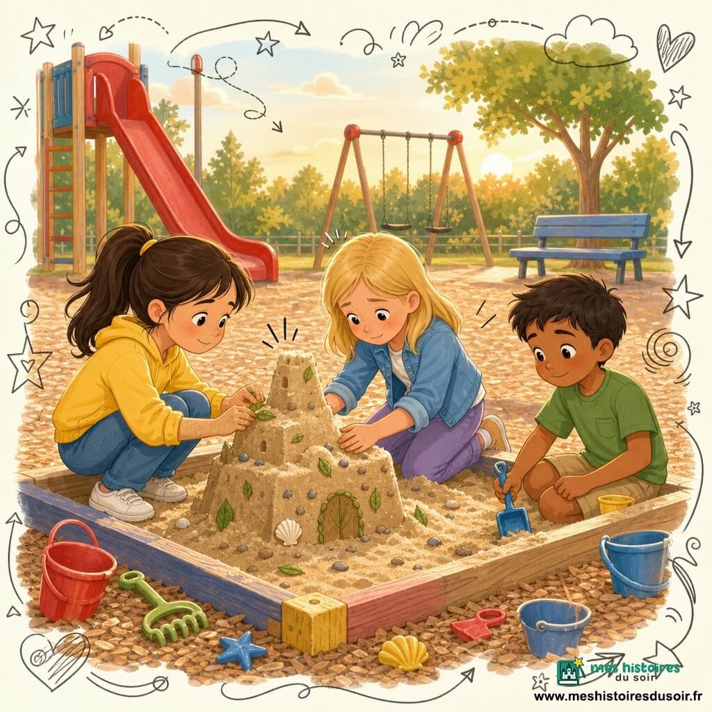 Lina (10 ans), visage expressif et sourire timide, cheveux bruns en queue de cheval, sweat jaune et jean, accroupie, décorant un château de sable avec feuilles et cailloux, mains couvertes de sable; Nora (10 ans), cheveux blonds mi-longs, veste bleue, agenouillée, inquiète puis soulagée, compactant le sable avec soin; Amir (≈7 ans), peau bronzée, t-shirt vert, assis près du bac à sable avec une petite pelle, réservé puis heureux et légèrement en retrait; aire de jeux ensoleillée avec sol en copeaux de bois, grand toboggan rouge, balançoire au loin, banc bleu et arbres; les trois reconstruisent ensemble un château après qu’un ballon l’ait fait tomber, gestes solidaires, ambiance chaleureuse et optimiste, couleurs vives et pastel, lignes douces, textures sable et bois, lumière chaude de fin d’après-midi et annotations doodle en overlay.