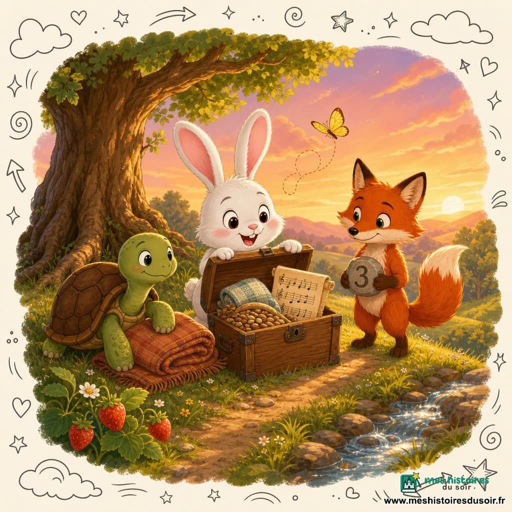 Lapin Pompon, petit lapin blanc aux longues oreilles roses, souriant et émerveillé, tient devant lui un coffre en bois ouvert; Tortue Lente, tortue verte à carapace brune, calme et bienveillante, est assise à gauche et pose une patte sur une couverture douce; Renard Ruse, renard roux aux yeux malicieux mais gentils, se tient à droite, tenant un caillou marqué d'un 3; un petit papillon jaune vole au‑dessus du coffre; la scène se déroule au sommet d'une colline herbeuse sous un grand chêne aux racines visibles, des fraises rouges bordent le sentier et un ruisseau scintille en contrebas; ciel de fin de journée aux tons orange et rose, lumières douces et longues ombres; les amis sont rassemblés autour d'un coffre rempli de graines, d'une vieille couverture et de chansons notées sur un parchemin, prêts à partager le trésor.