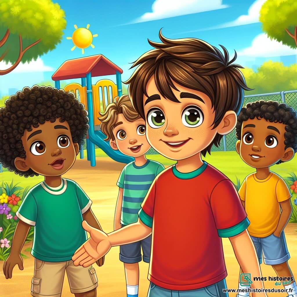 Un garçon de 7 ans, Lucas, souriant, se tient au centre de l'image, portant un t-shirt rouge et un short bleu, tendant la main à un nouvel ami. À sa droite, Samir, également âgé de 7 ans, avec une peau marron et des cheveux noirs bouclés, sourit et est prêt à jouer, vêtu d'un t-shirt vert et d'un pantalon beige. À gauche, Malik, un autre garçon de 7 ans avec une peau plus foncée et des cheveux crépus, se tient en retrait, curieux, portant un t-shirt jaune et des shorts en jean. La scène se déroule dans un parc ensoleillé avec des arbres et des fleurs, où Lucas et Samir accueillent Malik, illustrant l'importance de l'amitié et de la tolérance.