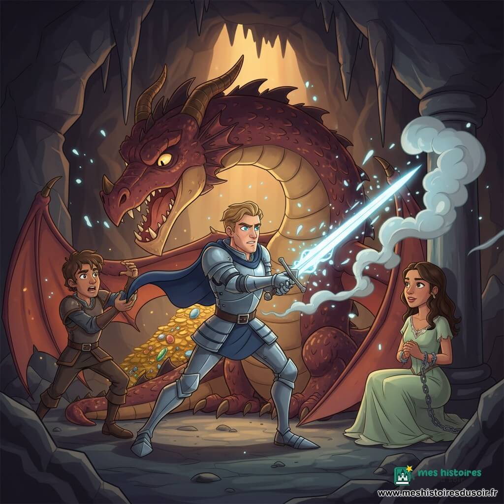 Sir Alaric, jeune chevalier au regard déterminé, en armure argentée rayée de bleu et cape courte, brandit une épée lumineuse qui frappe le flanc fumant d’un immense dragon rouge iris écailles dorées dans une grotte rocheuse; Gaspard, écuyer d’environ 16 ans aux cheveux en bataille et petite armure de cuir, agrippe l’aile du dragon à gauche du chevalier, essoufflé mais courageux; la princesse Lysandra, assise à genoux près d’un pilier en robe vert pâle déchirée et chaînes brisées, regarde le chevalier avec gratitude; trésor doré entassé derrière le dragon, stalactites, poussière et éclats de lumière, composition centrée sur le sauvetage; style 3D cartoon cel-shading, couleurs vives, contours nets, textures lisses et éclairage contrasté mettant en valeur l’épée et les visages.