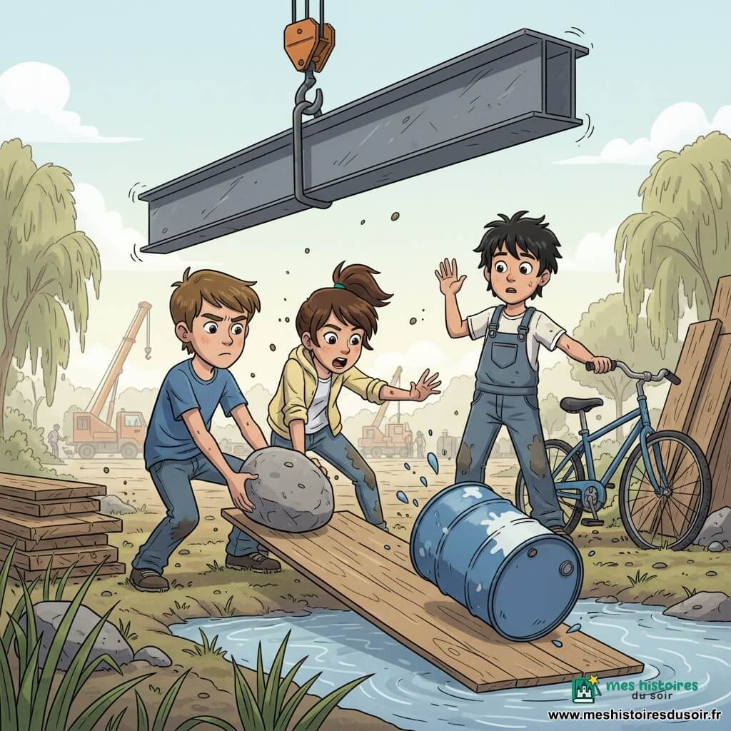 Sur une rive de rivière en chantier au matin, Milo (11 ans, cheveux châtain courts, t-shirt bleu, jean) accroupi à gauche et Lina (11 ans, cheveux bruns en queue de cheval, veste jaune) au centre tirent ensemble une grosse pierre pour détourner un tonneau de peinture qui roule sur une planche inclinée vers le bord, tandis que Jo (11 ans, cheveux noirs en bataille, salopette poussiéreuse) à droite, près d’un vélo, alerte en levant la main et regarde une grosse poutre métallique suspendue qui oscille ; sol humide, saules au bord de l’eau, grue orange et ouvriers flous en arrière-plan, atmosphère tendue, éclaboussures de boue et poussière, lumière douce du matin.
