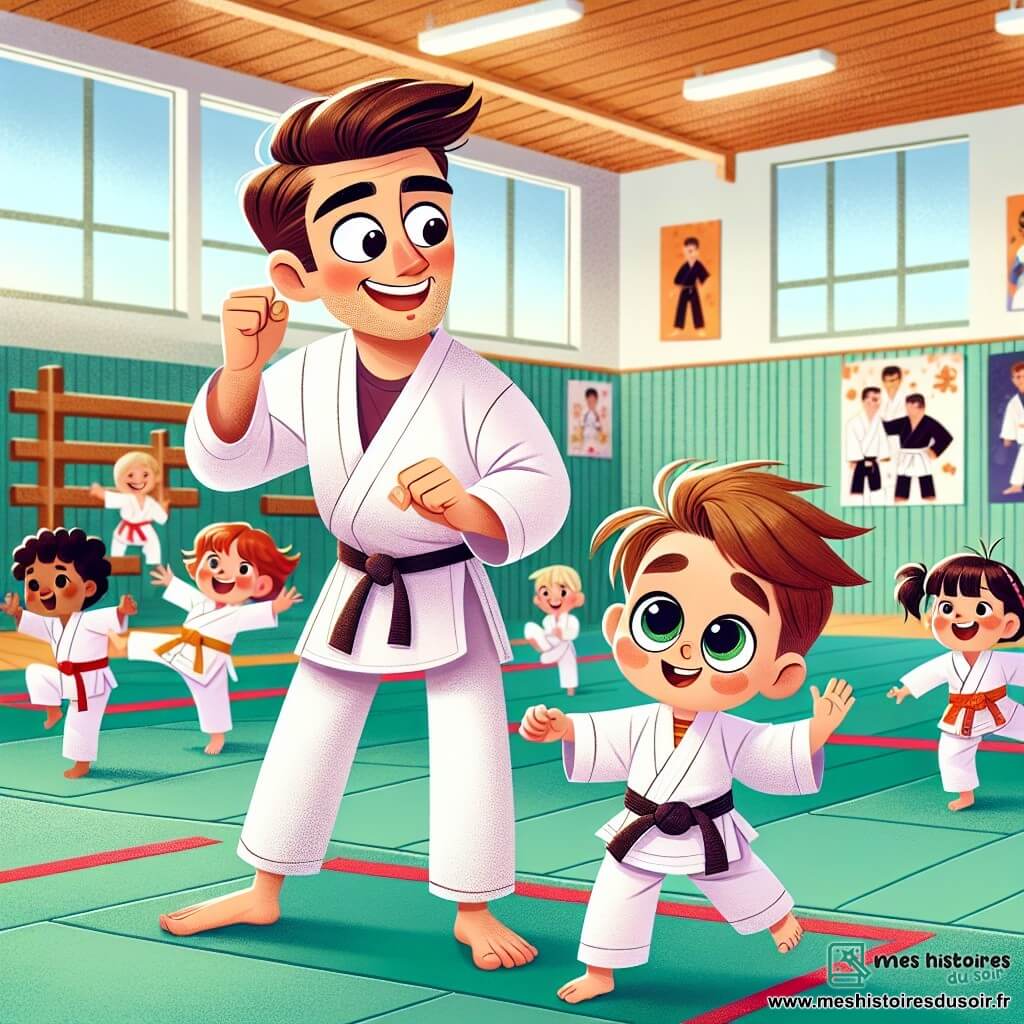 Un petit garçon de 4 ans, Tom, avec des cheveux bruns en bataille et des yeux curieux, porte un kimono blanc trop grand. Il sourit timidement, prêt à sauter au-dessus d'une ligne rouge sur le tatami. À côté de lui, Monsieur Max, un homme souriant d’environ 30 ans avec une ceinture noire, l’encourage. Le dojo est lumineux, avec des murs en bois clair et des tatamis verts, décoré d'affiches de karaté. Tom prend son élan, les jambes fléchies, tandis que ses amis l'encouragent joyeusement. L'atmosphère est énergique et conviviale, illustrant la joie du sport et le courage d'essayer.
