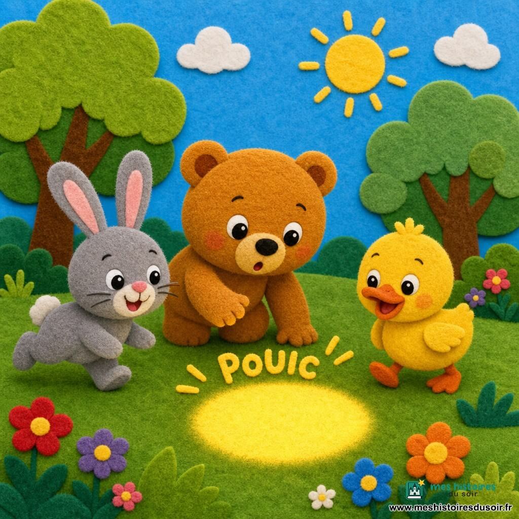 Petit ours rond au pelage miel, regard curieux, tend une patte vers une grosse tache lumineuse sur l'herbe; à gauche, un lapin gris trottine en souriant vers la tache; à droite, un canard jaune près de la tache, onomatopée "pouic" en feutrine; clairière ensoleillée avec herbe courte, quelques fleurs et arbres en arrière-plan; style feutrine plat, couleurs vives, formes simples, contours doux, composition centrée pour tout-petit.