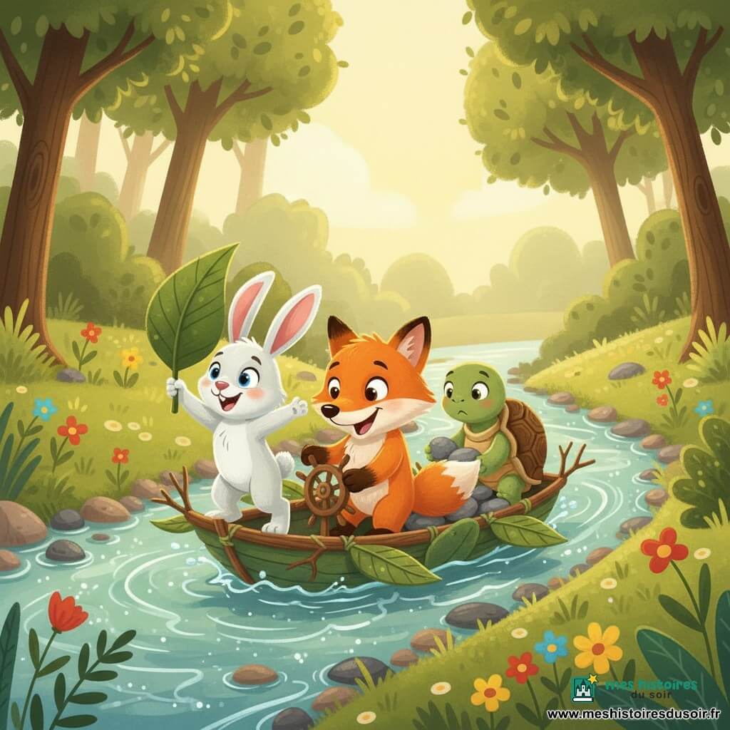 Renard anthropomorphe orange à la queue touffue, malicieux, tenant un gouvernail en bois à l'avant d'un bateau artisanal en branches et grandes feuilles, accompagné d'un lapin blanc aux grandes oreilles agitant une feuille comme voile et d'une tortue verte à la carapace brune posant des cailloux à l'arrière pour stabiliser la coque, naviguant sur un ruisseau étroit dans une clairière ensoleillée aux eaux scintillantes, berges de galets, herbes et fleurs, ambiance complice et joyeuse, couleurs vives, formes simples et contours nets, composition en plan trois-quarts, arrière-plan doux sans texte.