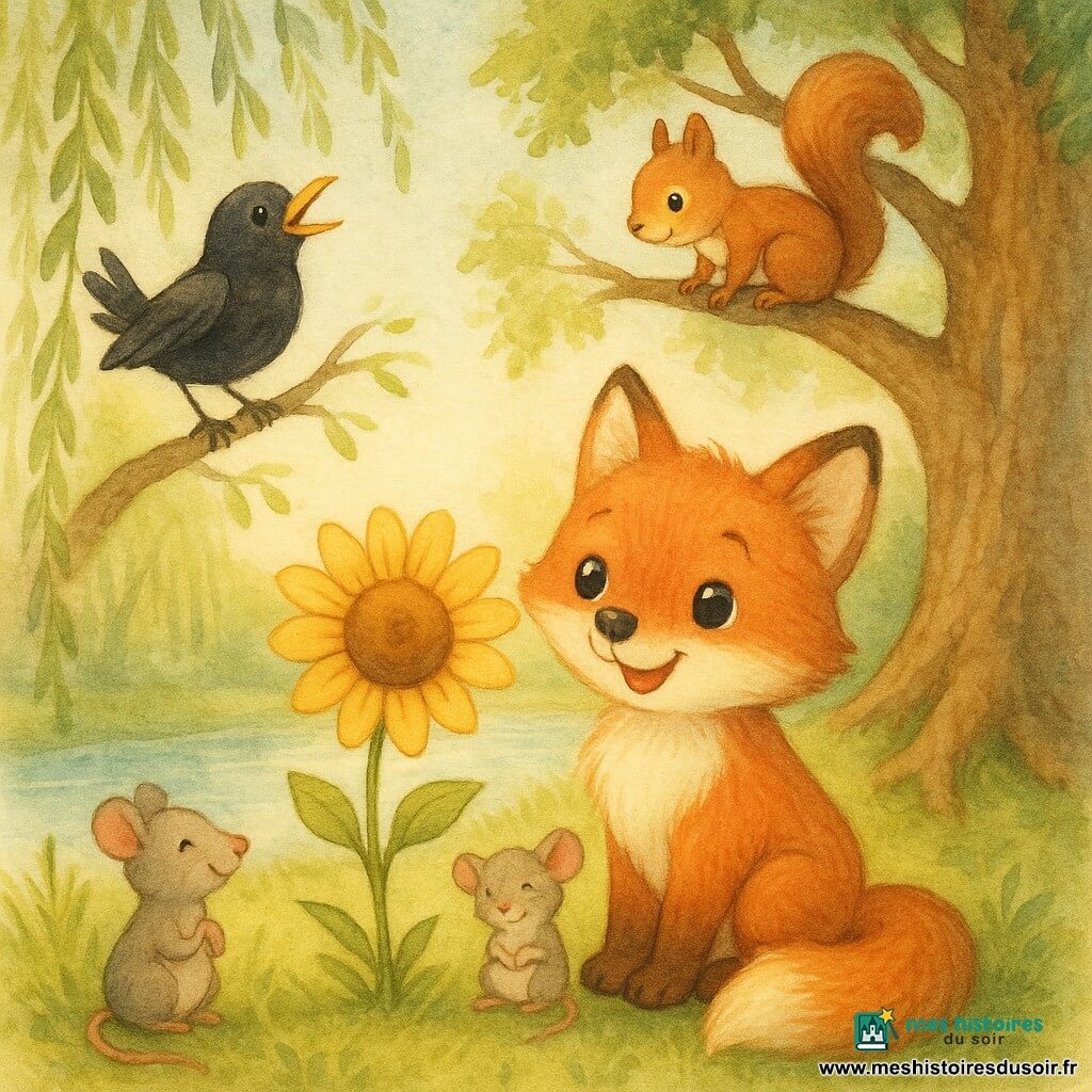 Un petit renard roux aux yeux ronds et pelage soyeux sourit en regardant une grande fleur éclore, assis la queue enroulée autour des pattes; un merle noir au bec jaune est perché à gauche sur une branche, chantant avec les ailes légèrement entrouvertes; un écureuil roux, la queue en panache, observe la fleur depuis une branche au-dessus; une petite souris grise est assise près du renard, timide et heureuse. En arrière-plan, un étang miroitant, herbe verte, saules pleureurs et un vieux chêne à droite dont les racines forment un monticule. Matin de printemps lumineux, lumière douce et dorée, atmosphère calme et joyeuse; la fleur centrale attire tous les regards; couleurs pastel aquarelle, lavis délicats et texture de papier visible.