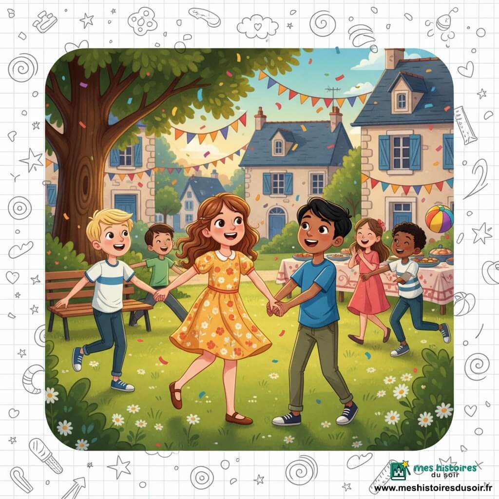 Clara, 10 ans, cheveux châtains ondulés, robe jaune à fleurs, danse et sourit en tenant la main d’un ami ; Samir, 10 ans d’origine nord‑africaine, cheveux noirs courts, t‑shirt bleu et pantalon kaki, guide une ronde à droite de Clara ; Lucas, 10 ans, blond, rejoint la danse à gauche, surpris puis souriant ; trois autres enfants d’origines diverses (fille asiatique, garçon afro‑descendant, fille européenne, 8–11 ans) rient et jouent en lançant un ballon ; décor : parc du village au crépuscule, pelouse avec marguerites, grand chêne, banc, maisons en pierre aux volets bleus, guirlandes et tables de plats traditionnels ; ambiance joyeuse et conviviale, couleurs vives, mouvements dynamiques, confettis et nappes à motifs.