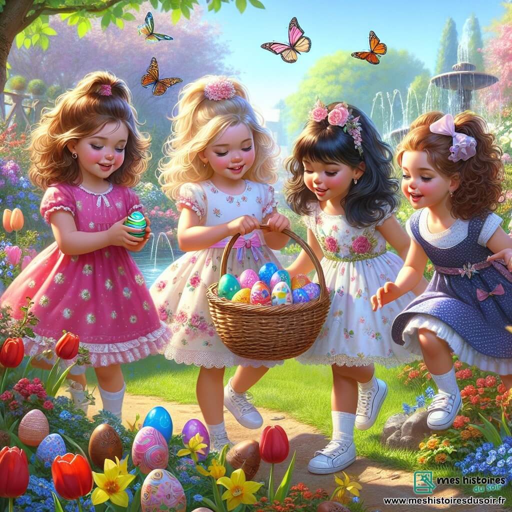 Dans un jardin ensoleillé, quatre petites filles de cinq ans chassent des œufs de Pâques. Chloé, aux cheveux bruns et bouclés, saute de joie avec un panier rempli d'œufs colorés. Mia, aux cheveux blonds, examine un œuf en chocolat sous une tulipe rouge. Lila, avec des couettes, sourit en montrant un indice trouvé près d'un arbre. Zoé, aux cheveux noirs et frisés, danse près d'une fontaine avec un œuf multicolore. Le jardin est rempli de fleurs éclatantes et de papillons. Les amies s'amusent ensemble dans une ambiance festive de Pâques.