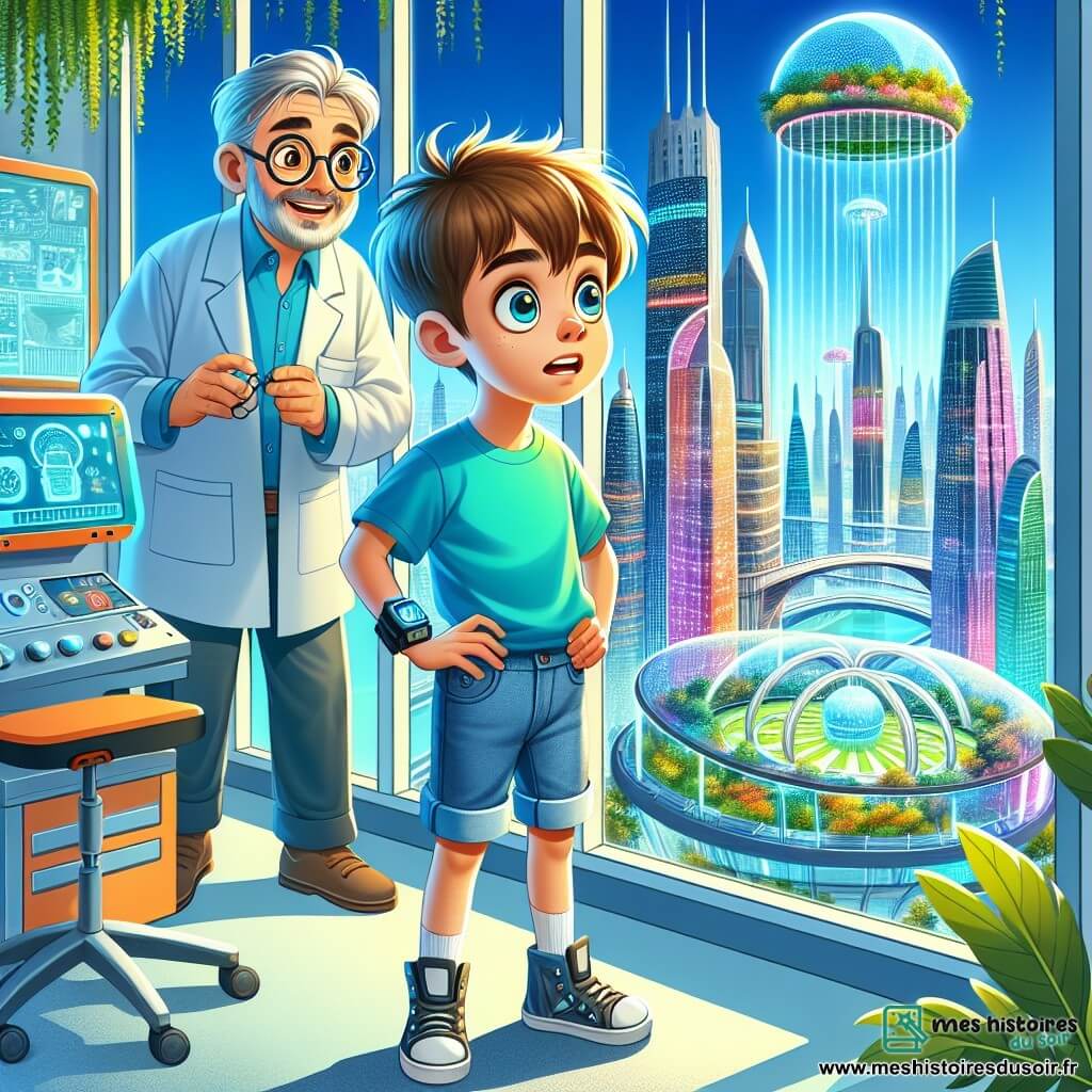 Milo, un garçon de 12 ans aux cheveux bruns en bataille et aux yeux curieux, se tient devant une fenêtre panoramique dans son appartement au centième étage. Vêtu d'un t-shirt bleu et d'un short en jean, il affiche une expression mêlant excitation et inquiétude en regardant la ville futuriste avec ses gratte-ciels et jardins suspendus. À ses côtés, son père, un homme dans la quarantaine portant des lunettes et une blouse de laboratoire, ajuste des outils tout en lui offrant un sourire encourageant. Les murs de l'appartement sont couverts d'écrans interactifs et des plantes grimpent le long des fenêtres. Préoccupé par une alerte concernant les jardins suspendus, Milo se prépare à utiliser sa sphère flottante innovante pour sauver les plantes en danger.