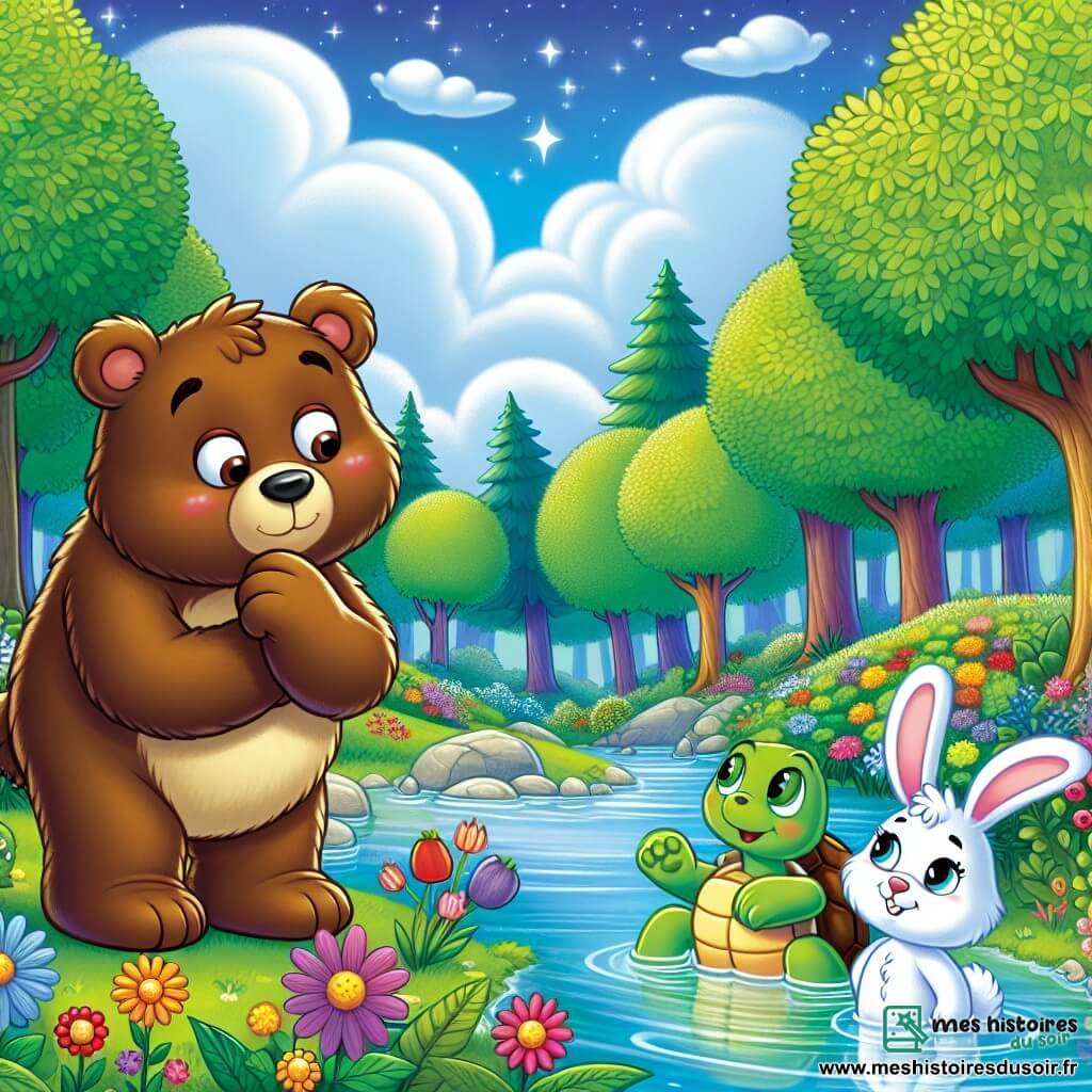 Un ours brun nommé Oscar, avec un pelage doux et des yeux expressifs, se tient au bord d'une rivière, l'air pensif et coupable, les pattes croisées. À ses côtés, un lapin blanc nommé Léo, avec de grandes oreilles et un sourire amical, le regarde avec curiosité. Non loin, une tortue verte nommée Tilly, avec une carapace colorée, écoute attentivement la conversation. La scène se déroule dans une forêt enchantée, avec de grands arbres, des fleurs colorées le long de la rivière et un ciel bleu parsemé de nuages. Oscar avoue à ses amis qu'il a menti sur le rangement de sa chambre, tandis que Léo et Tilly l'écoutent, prêts à lui donner des conseils.