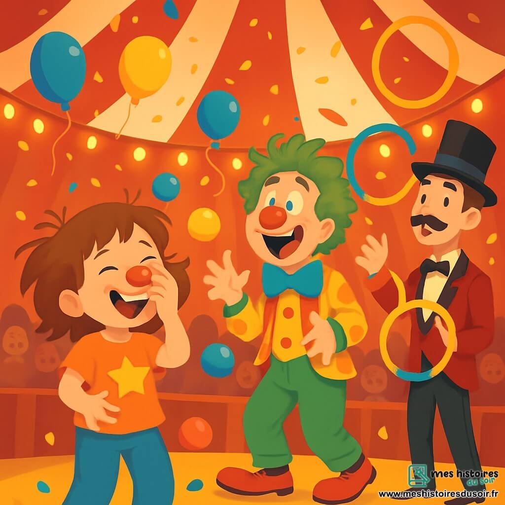 Une petite fille de 6 ans, Zoé, avec des cheveux en bataille et des yeux pétillants, porte un t-shirt étoilé et un pantalon doux. Elle rit en tenant un nez rouge de clown et jongle maladroitement avec des balles colorées. À côté, un clown aux cheveux verts fait des grimaces, riant de bon cœur. Un homme d'environ 40 ans, avec un chapeau haut et une moustache soignée, jongle avec des cerceaux brillants. La scène se déroule sous une grande tente rayée rouge et blanche, remplie de lumières scintillantes et de spectateurs émerveillés, créant une ambiance joyeuse et magique au cœur du cirque.