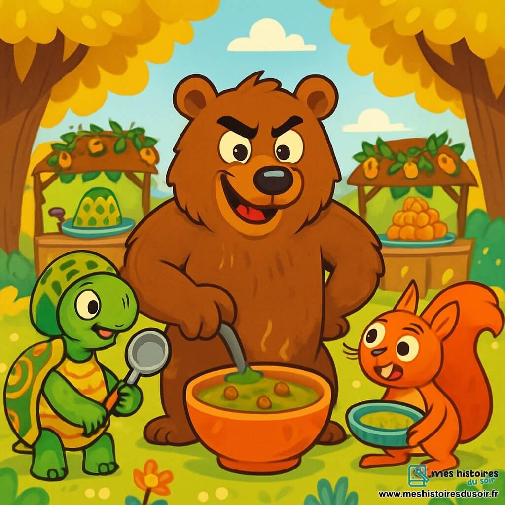 Gustave l’Ours, un grand ours au pelage brun, se tient au centre d'une clairière, les yeux pétillants et la bouche légèrement ouverte, prêt à goûter des plats étranges. À sa gauche, Dame Tortue, avec une carapace verte ornée de motifs colorés, le regarde avec amusement, tenant une louche. À sa droite, Roger l’Écureuil, un petit écureuil au pelage roux, s'agite avec impatience, prêt à servir des gratins. La scène se déroule dans une clairière ensoleillée entourée d'arbres aux feuilles dorées et de fleurs éclatantes, avec trois stands présentant des plats appétissants. Gustave s'apprête à plonger sa cuillère dans un bol de soupe de glands fermentés, tandis que les autres animaux l'observent avec admiration et inquiétude.